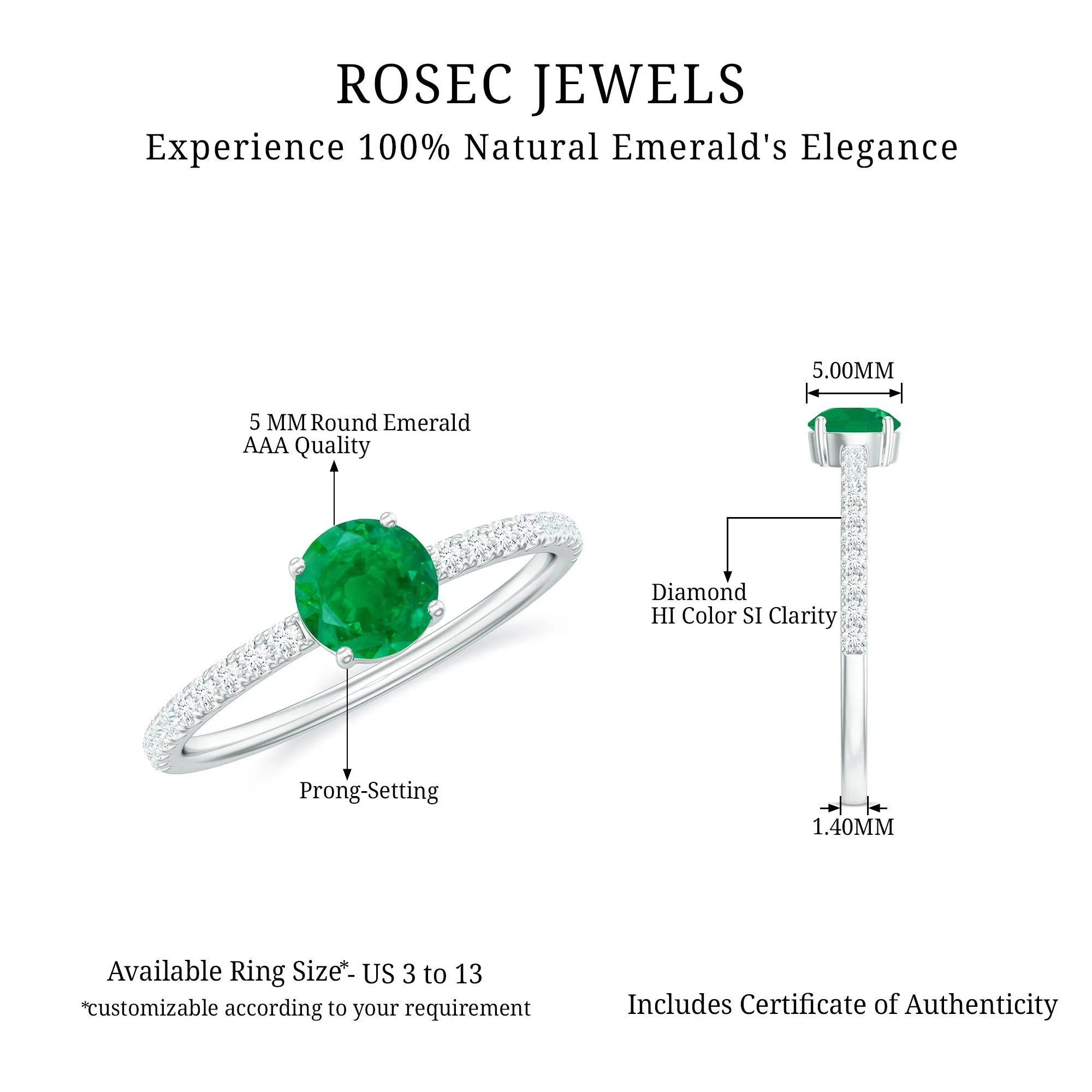 3/4 CT Classic Solitaire Engagement Ring with Emerald and Diamond