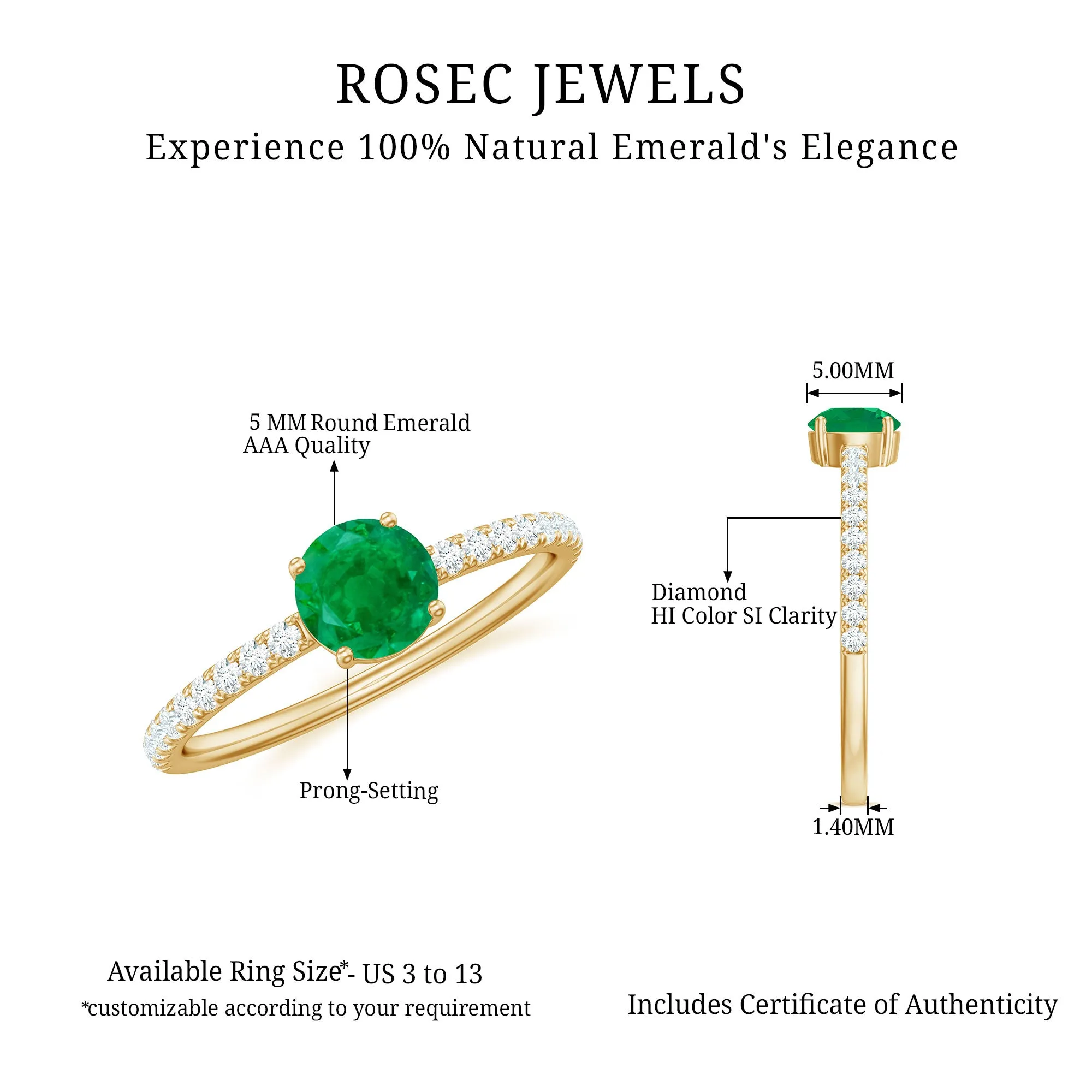 3/4 CT Classic Solitaire Engagement Ring with Emerald and Diamond