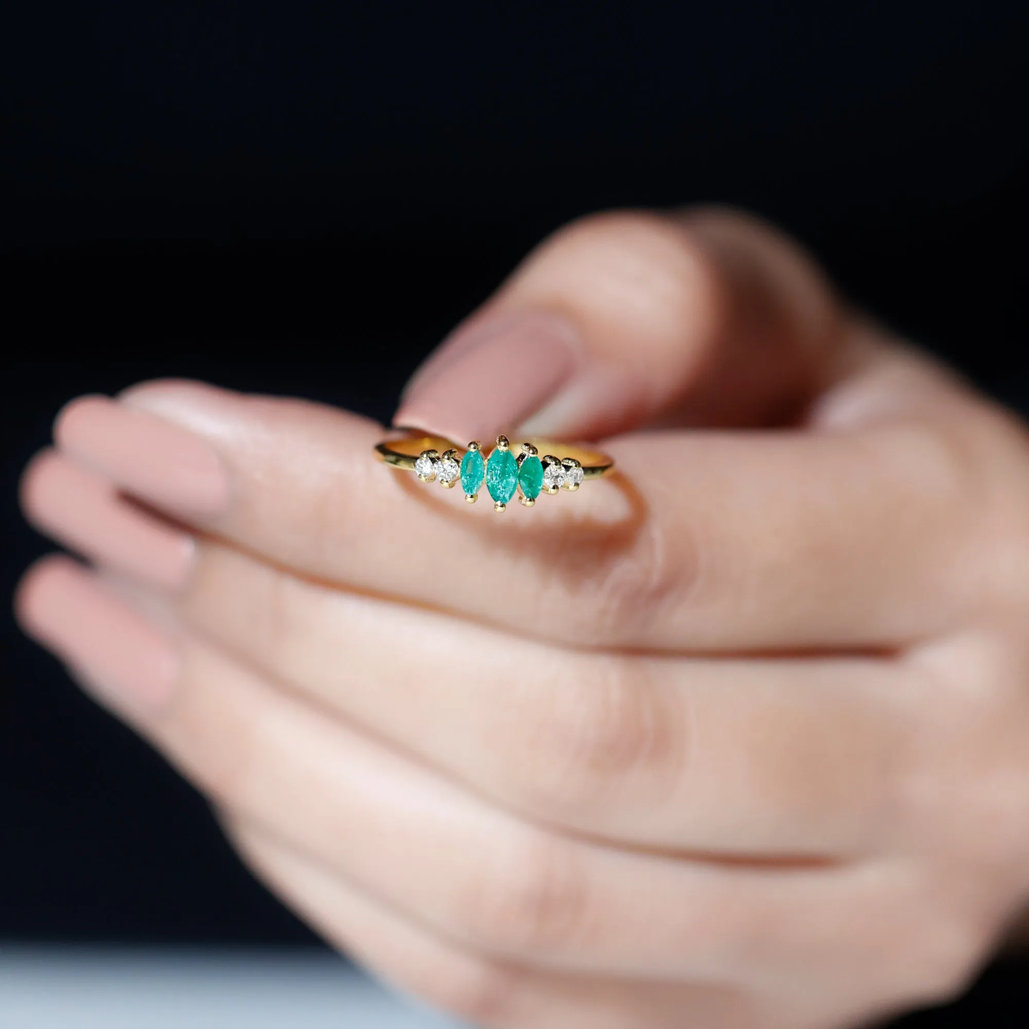 3/4 CT Marquise Cut Emerald Cluster Ring with Diamond