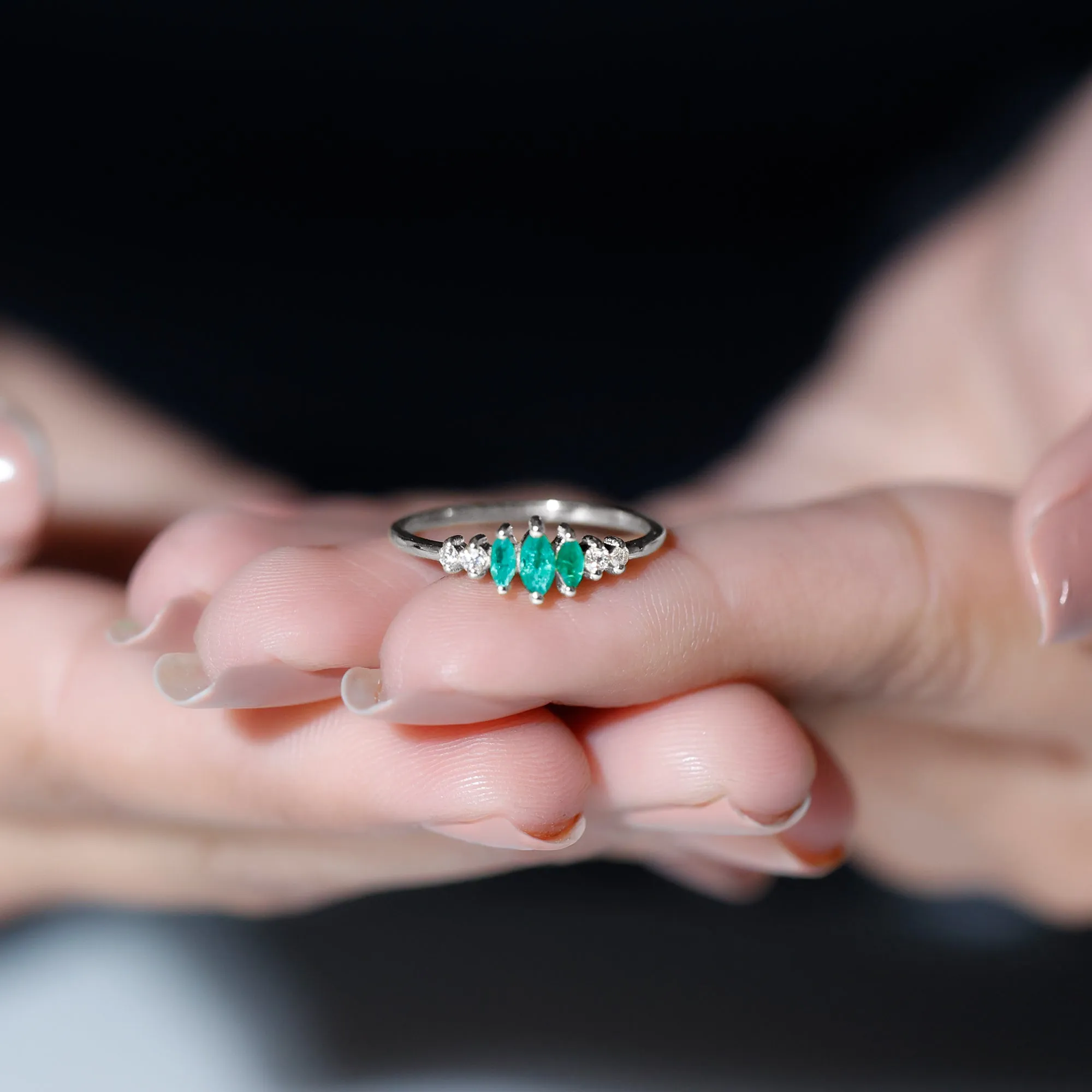 3/4 CT Marquise Cut Emerald Cluster Ring with Diamond