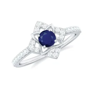 3/4 CT Minimal Blue Sapphire and Diamond Flower Ring