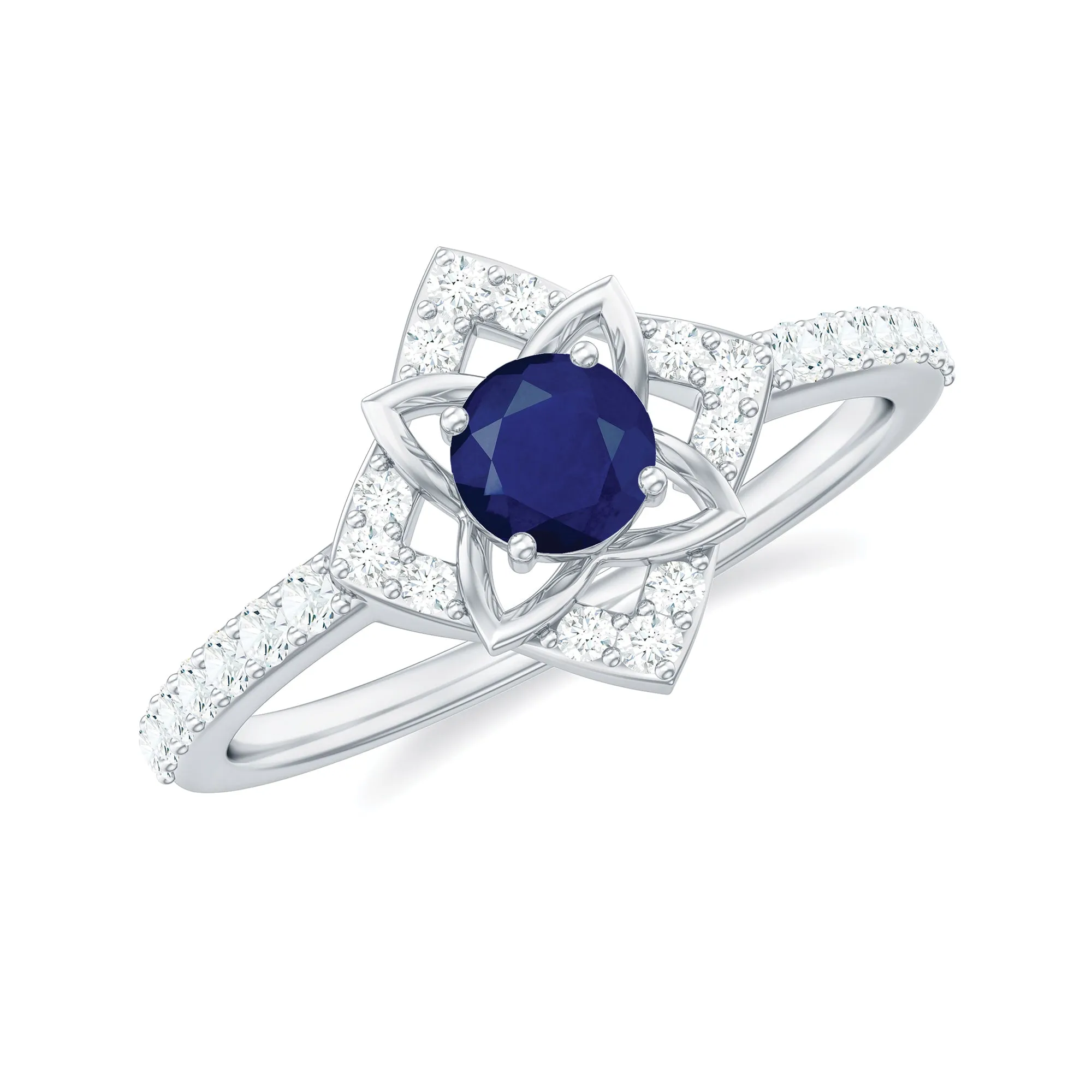 3/4 CT Minimal Blue Sapphire and Diamond Flower Ring