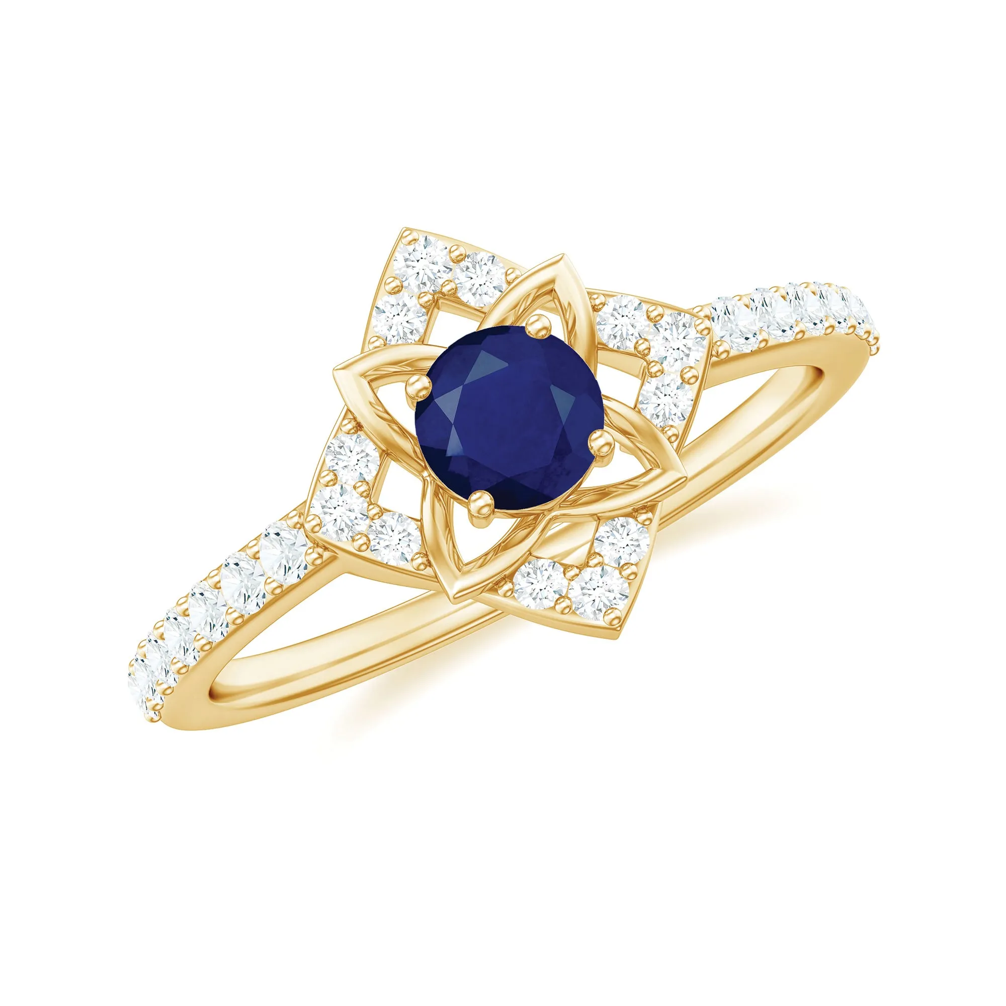 3/4 CT Minimal Blue Sapphire and Diamond Flower Ring