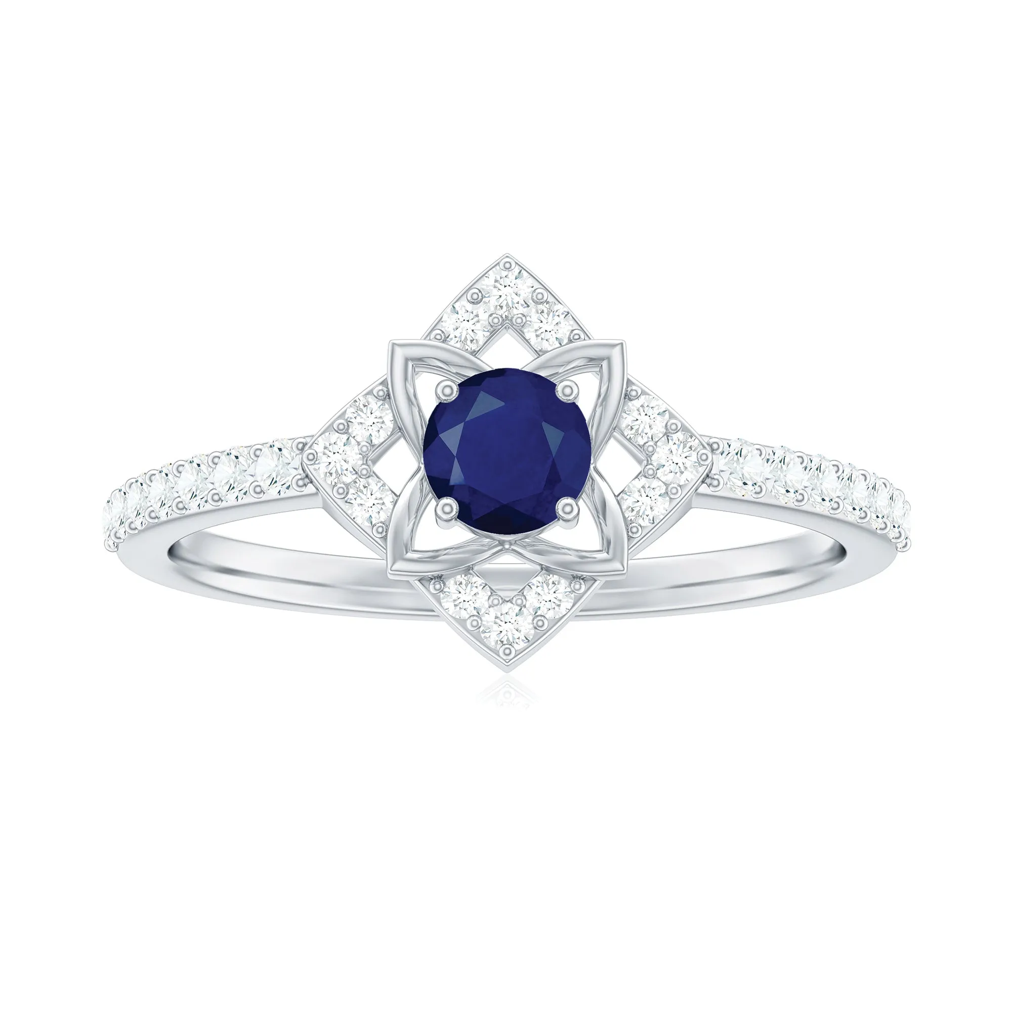 3/4 CT Minimal Blue Sapphire and Diamond Flower Ring