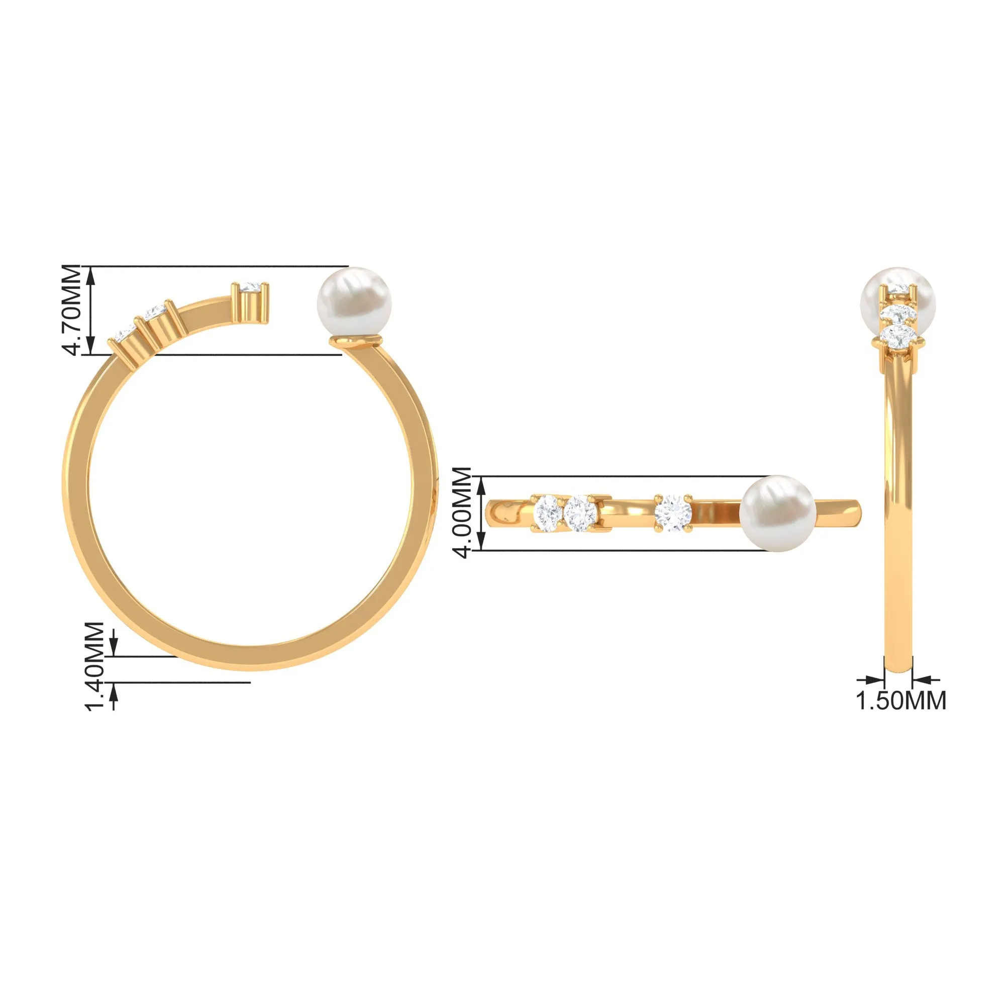 3/4 CT Minimal Style Freshwater Pearl and Diamond Cuff Ring