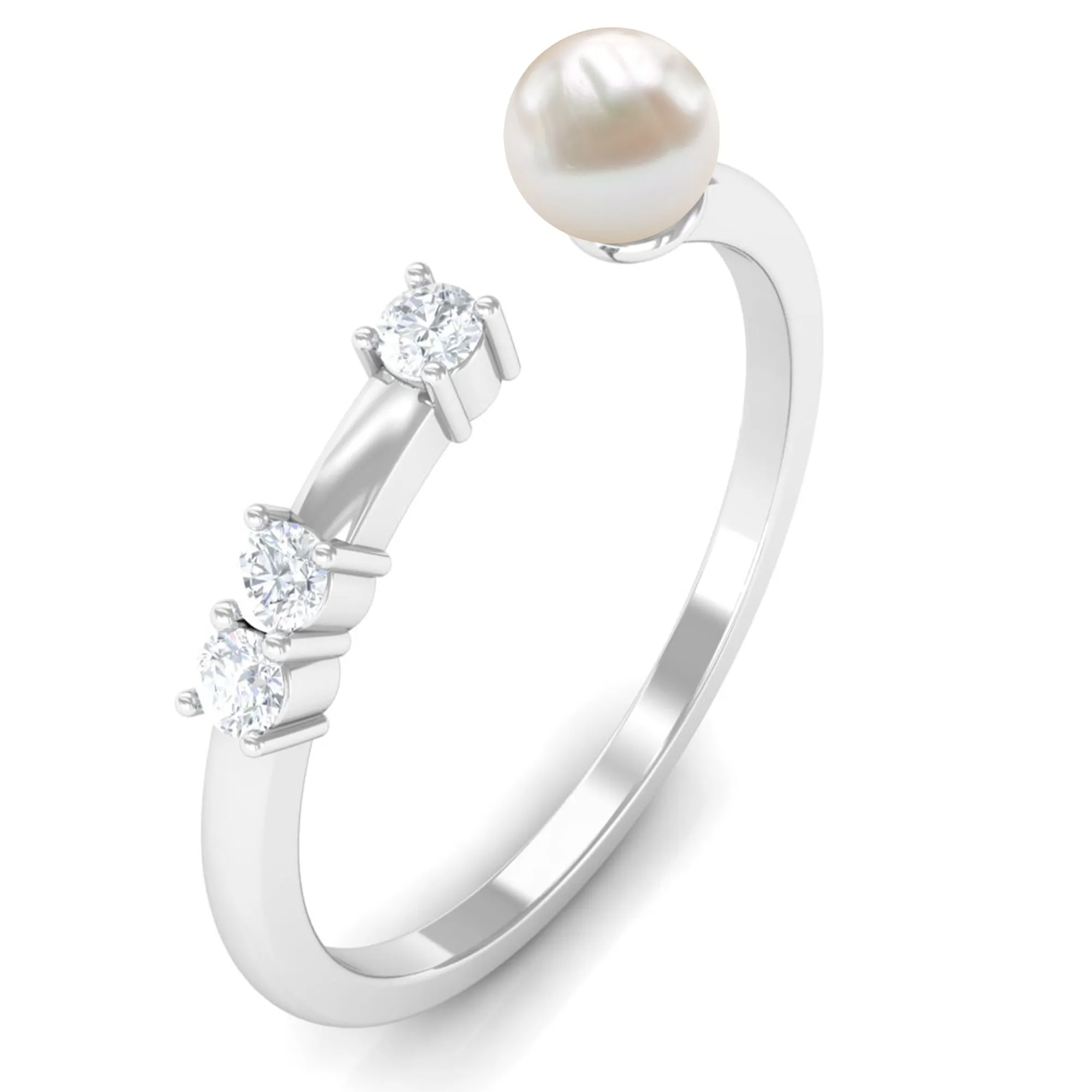 3/4 CT Minimal Style Freshwater Pearl and Diamond Cuff Ring