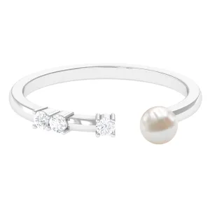 3/4 CT Minimal Style Freshwater Pearl and Diamond Cuff Ring