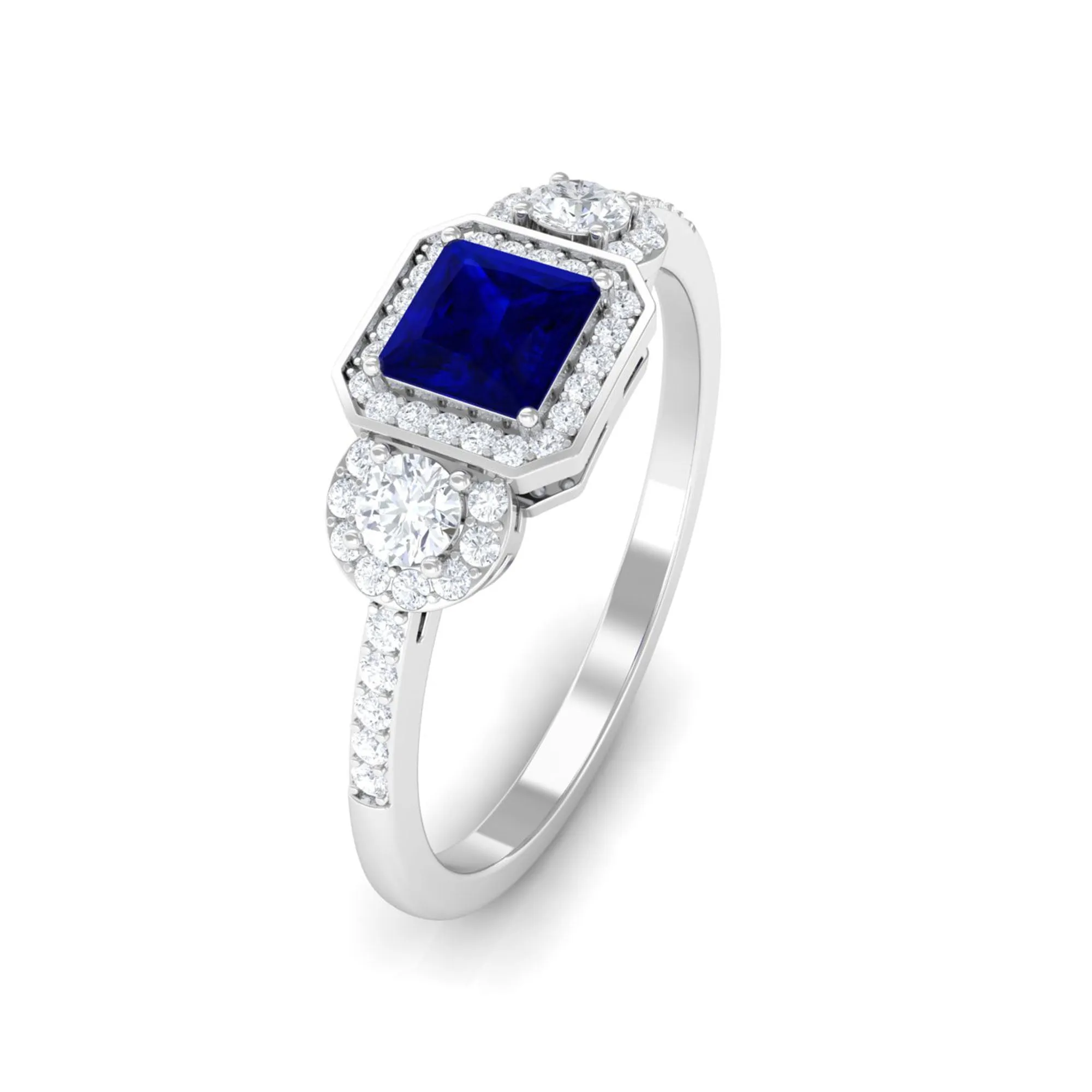 3/4 CT Princess Cut Blue Sapphire and Diamond Engagement Ring