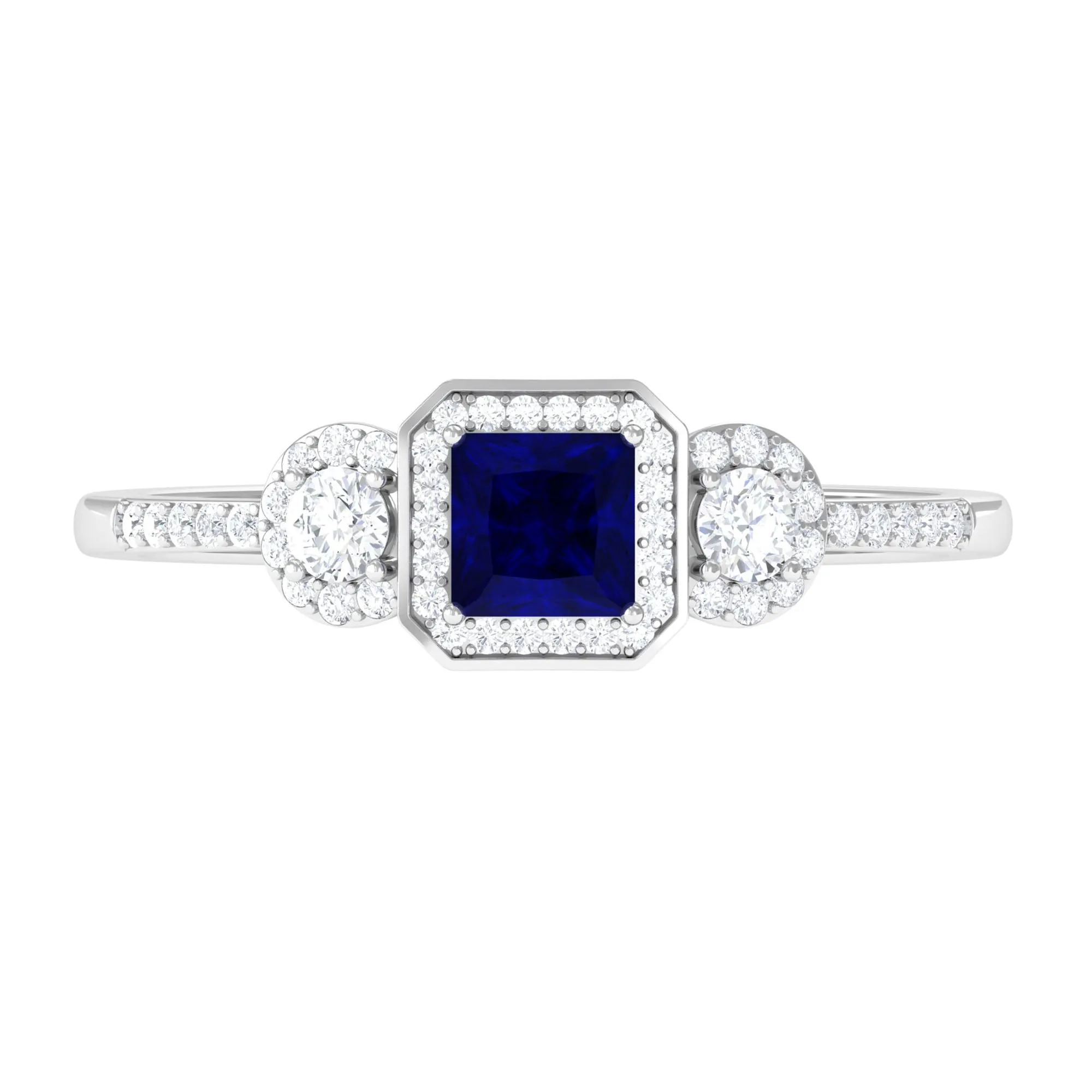3/4 CT Princess Cut Blue Sapphire and Diamond Engagement Ring