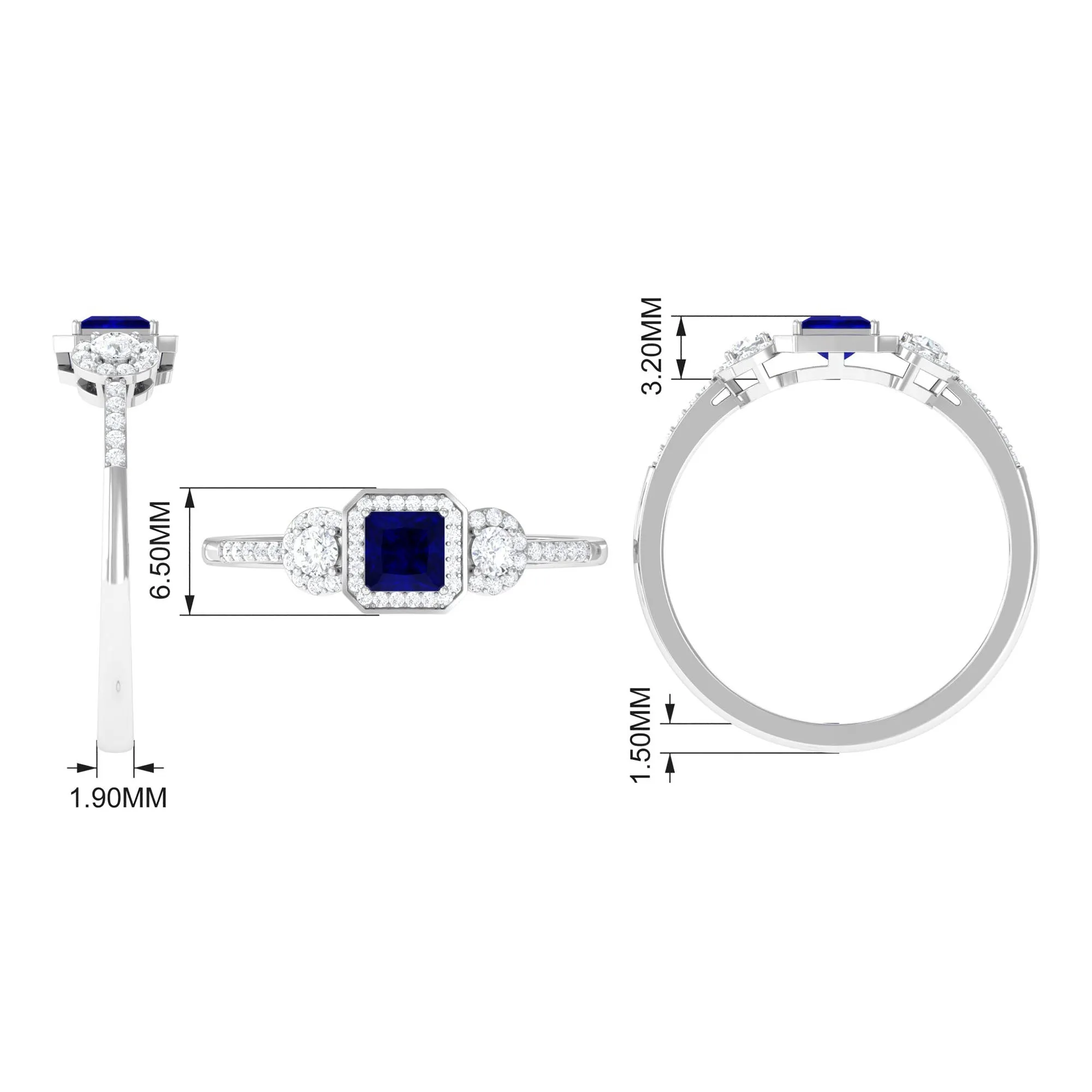 3/4 CT Princess Cut Blue Sapphire and Diamond Engagement Ring