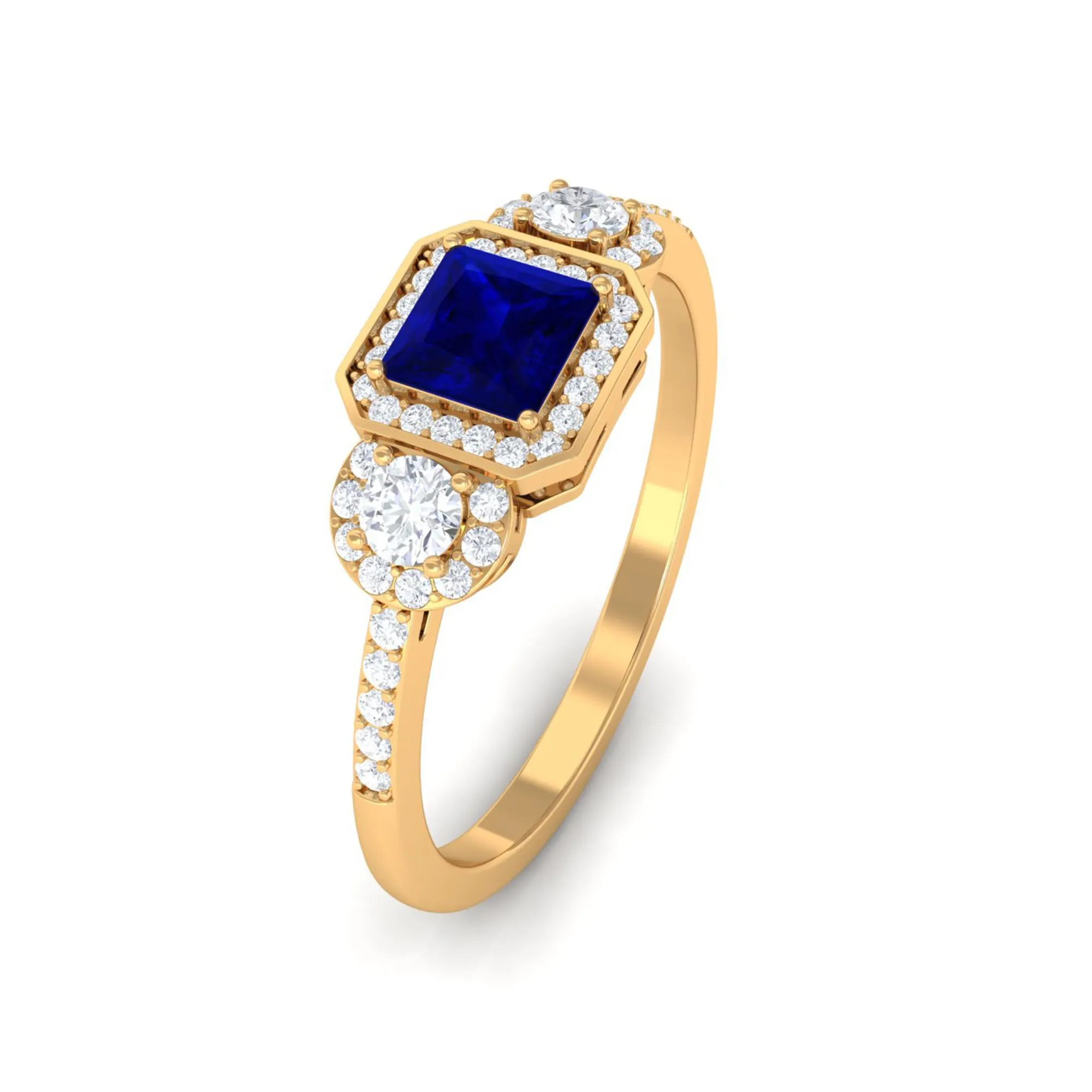3/4 CT Princess Cut Blue Sapphire and Diamond Engagement Ring