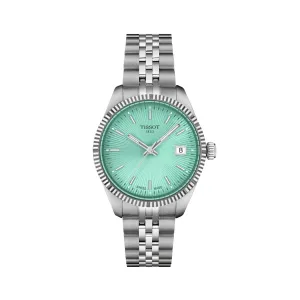 34MM TISSOT BALLADE QUARTZ WATCH WITH LIGHT GREEN DATE DIAL AND FLUTED BEZEL
