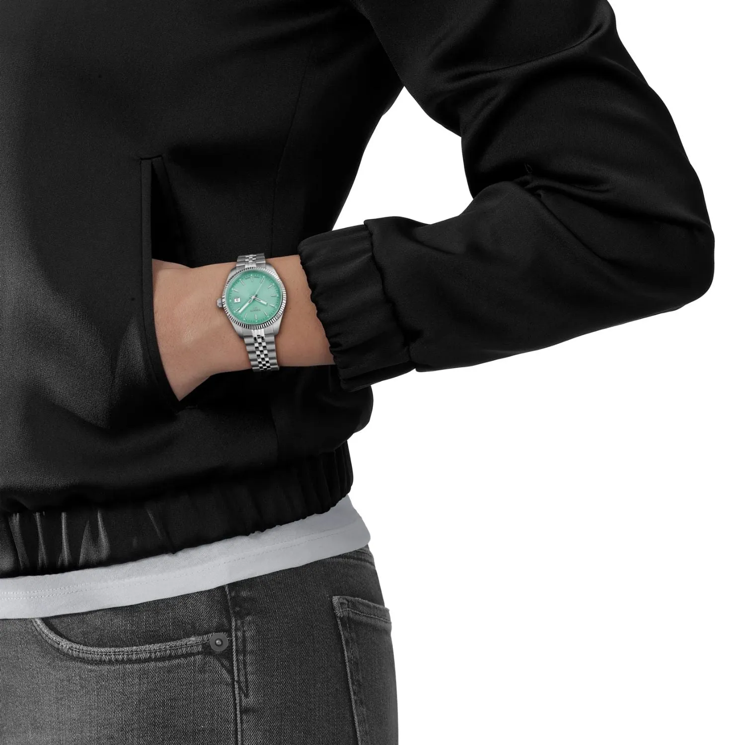 34MM TISSOT BALLADE QUARTZ WATCH WITH LIGHT GREEN DATE DIAL AND FLUTED BEZEL