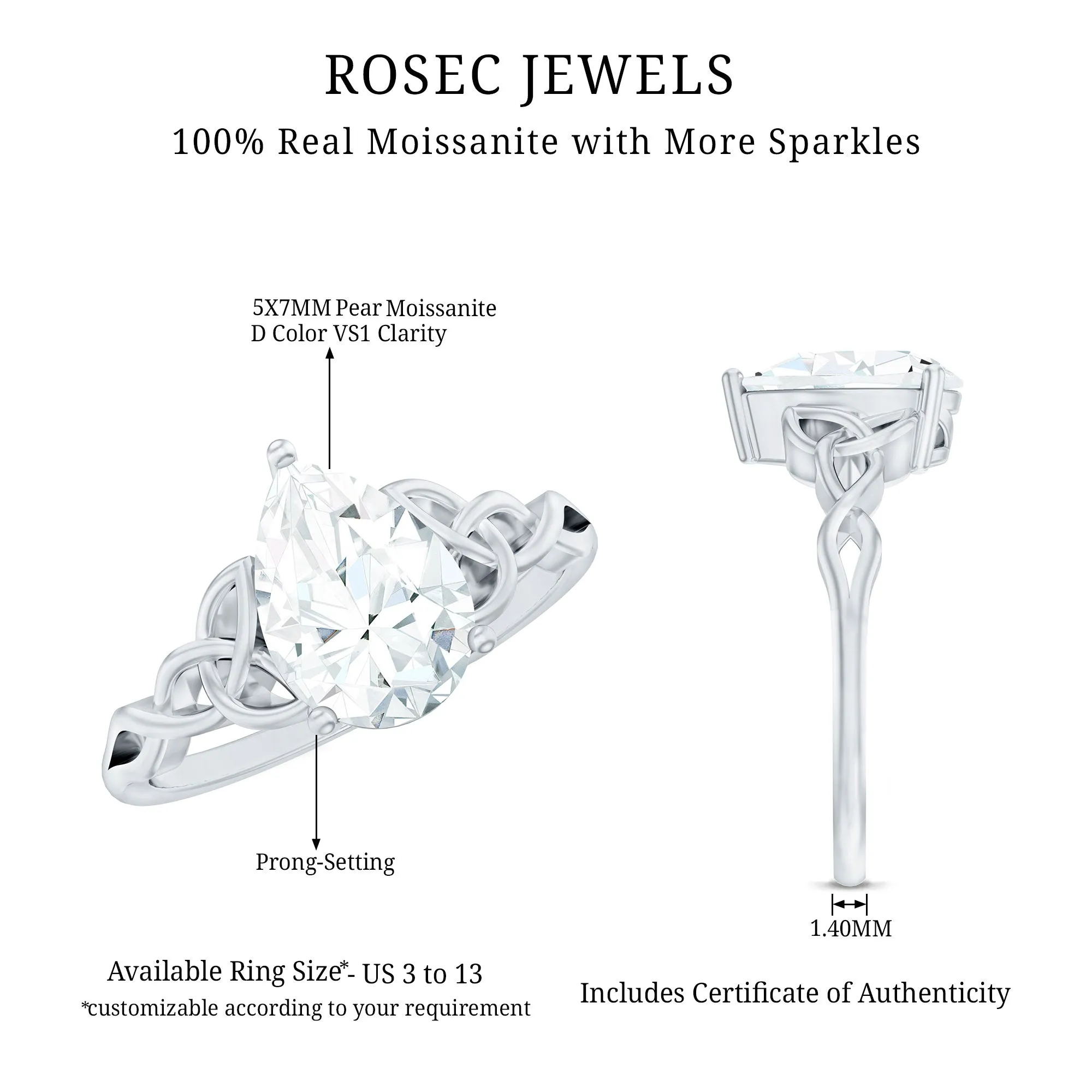 5X7 MM Pear Cut Moissanite Solitaire Ring with Celtic Detailing