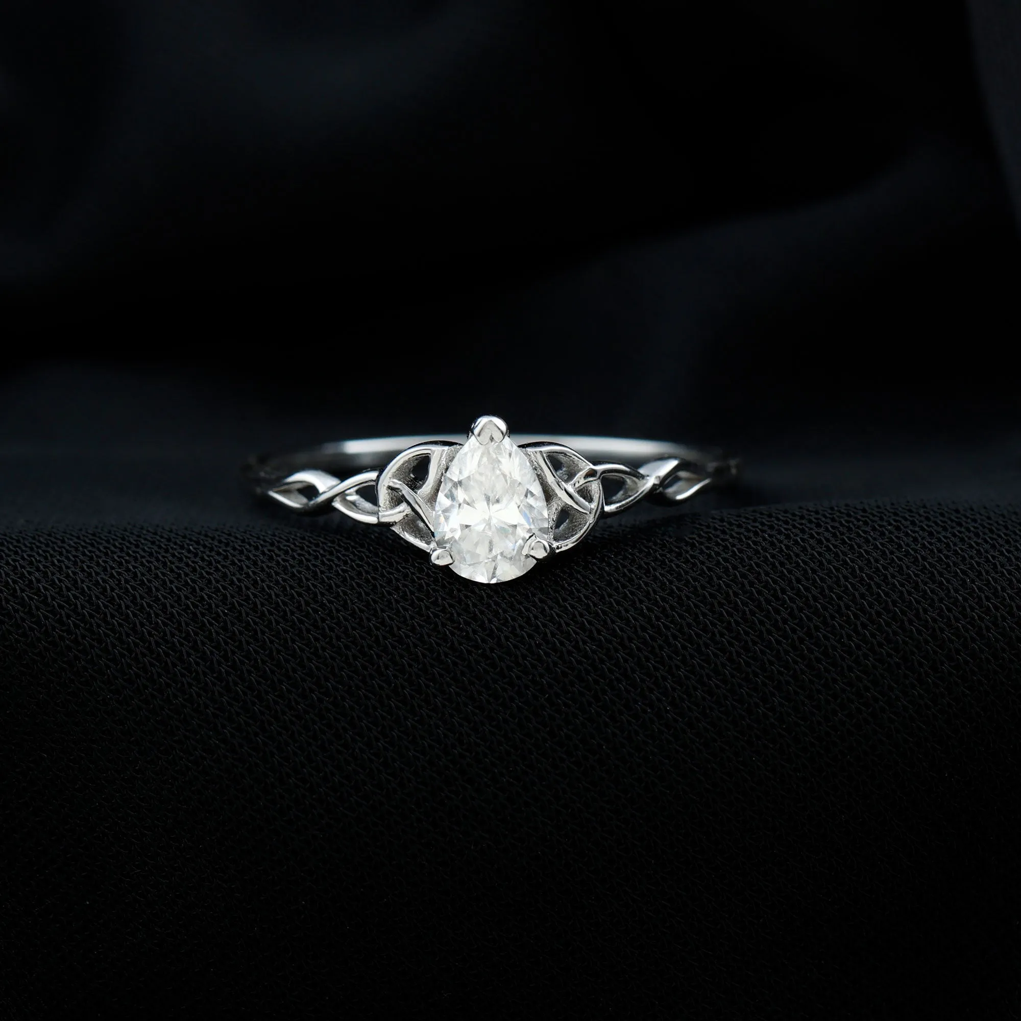 5X7 MM Pear Cut Moissanite Solitaire Ring with Celtic Detailing