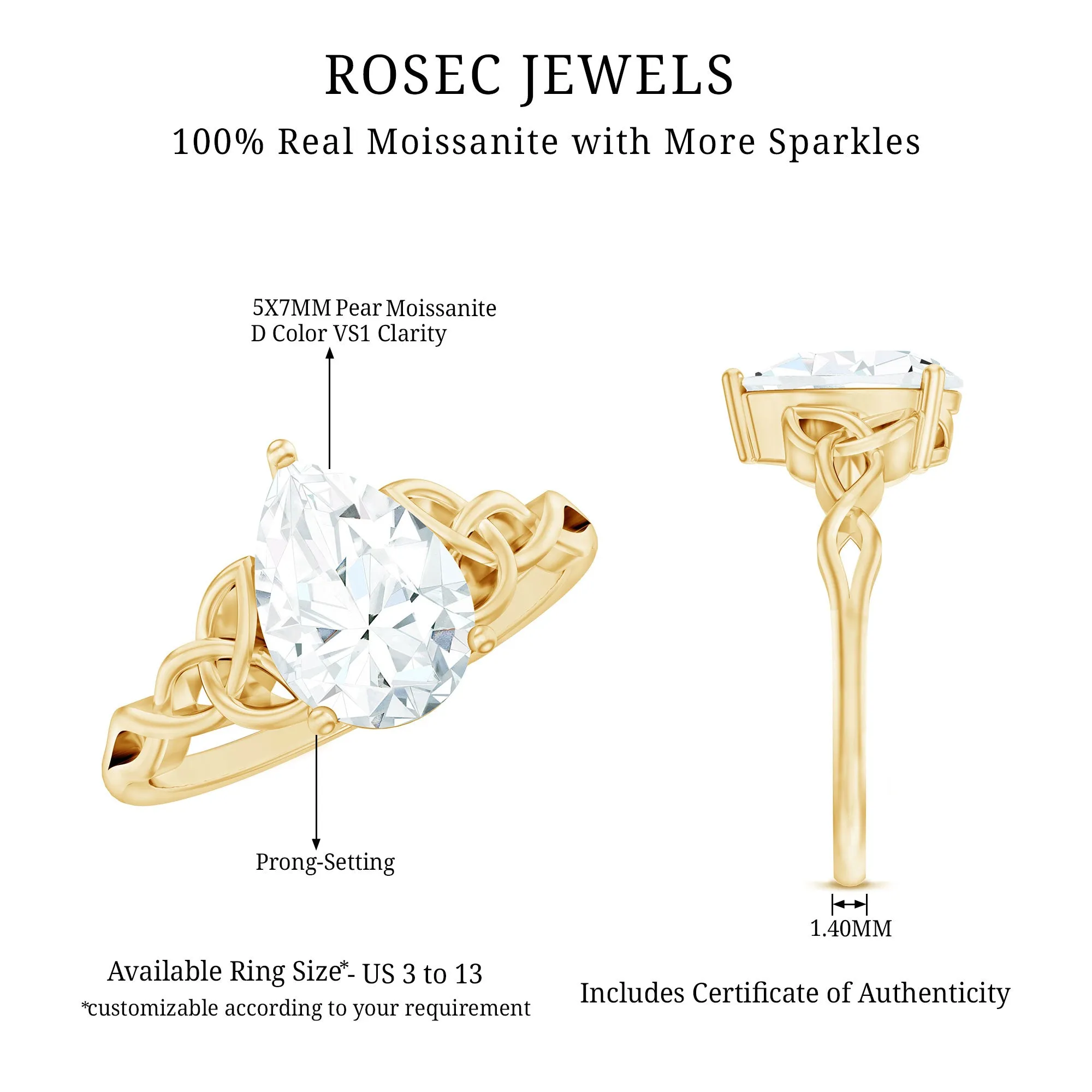 5X7 MM Pear Cut Moissanite Solitaire Ring with Celtic Detailing