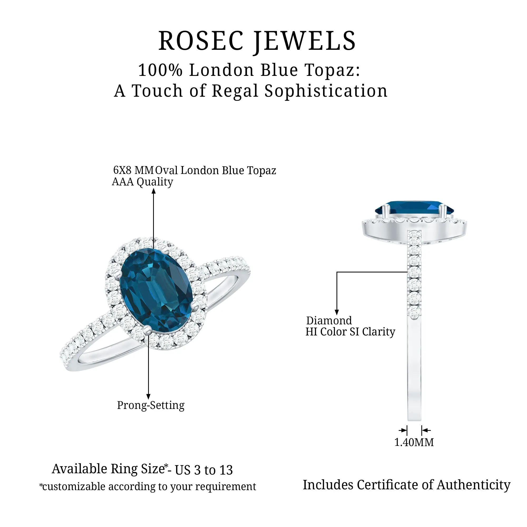 8X6 MM Oval Cut London Blue Topaz Solitaire with Diamond Side Stone Ring