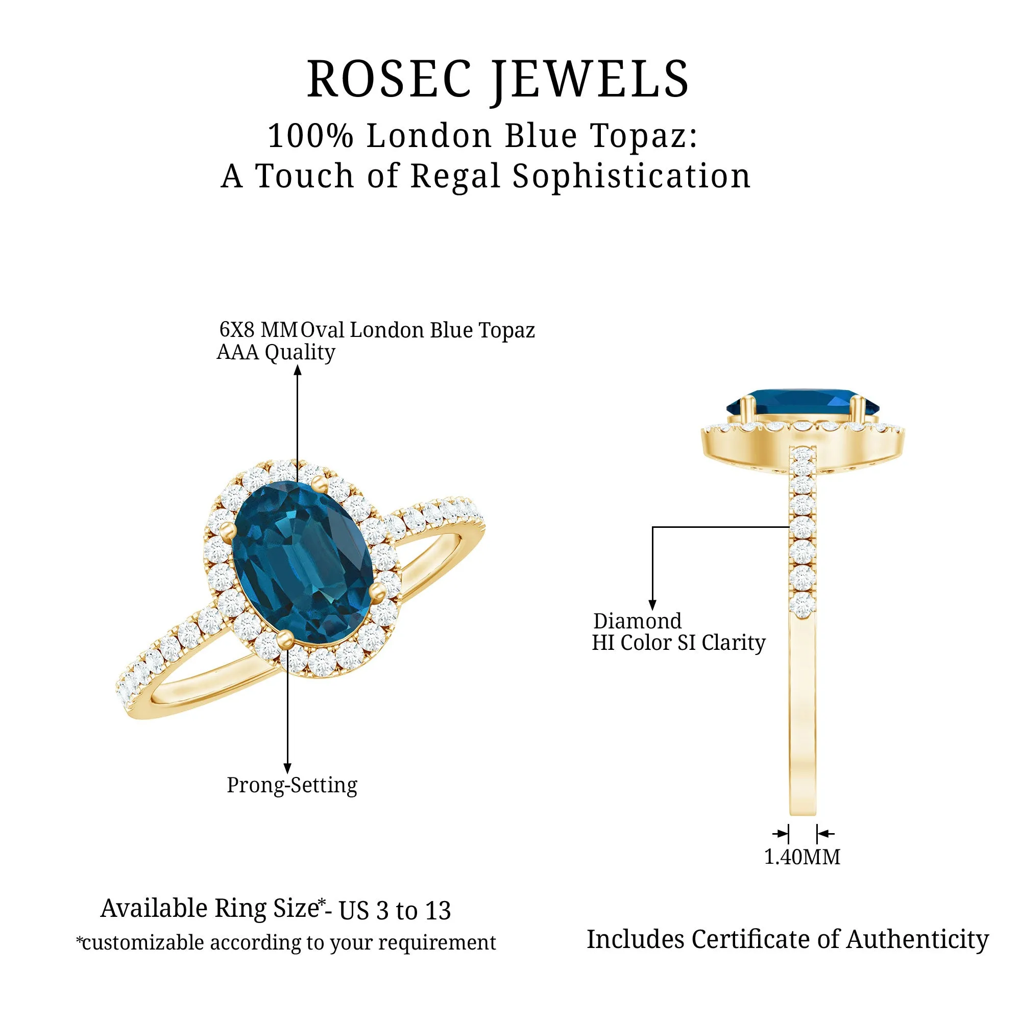 8X6 MM Oval Cut London Blue Topaz Solitaire with Diamond Side Stone Ring