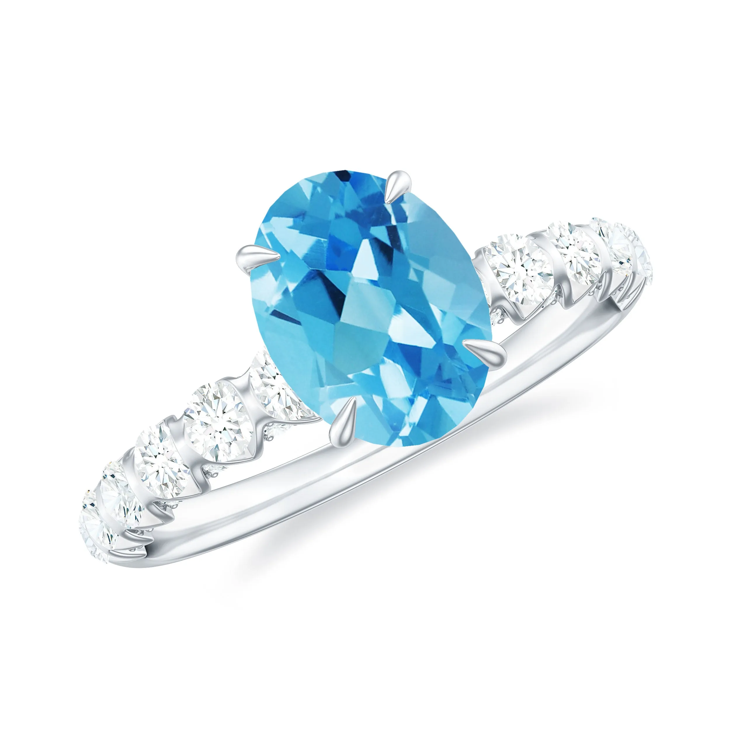 8X6 Oval Cut Swiss Blue Topaz Solitaire with Diamond Side Stone Ring
