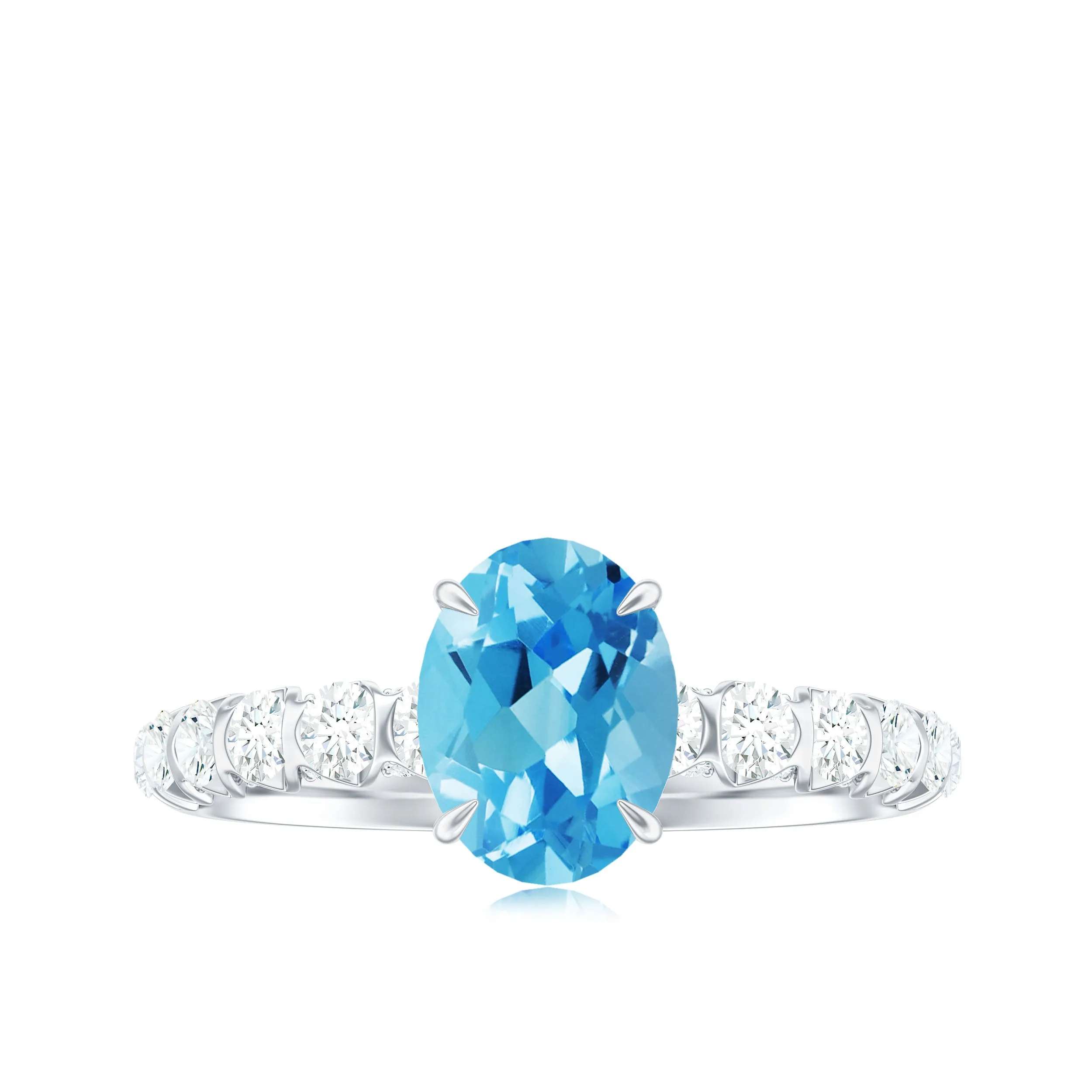 8X6 Oval Cut Swiss Blue Topaz Solitaire with Diamond Side Stone Ring