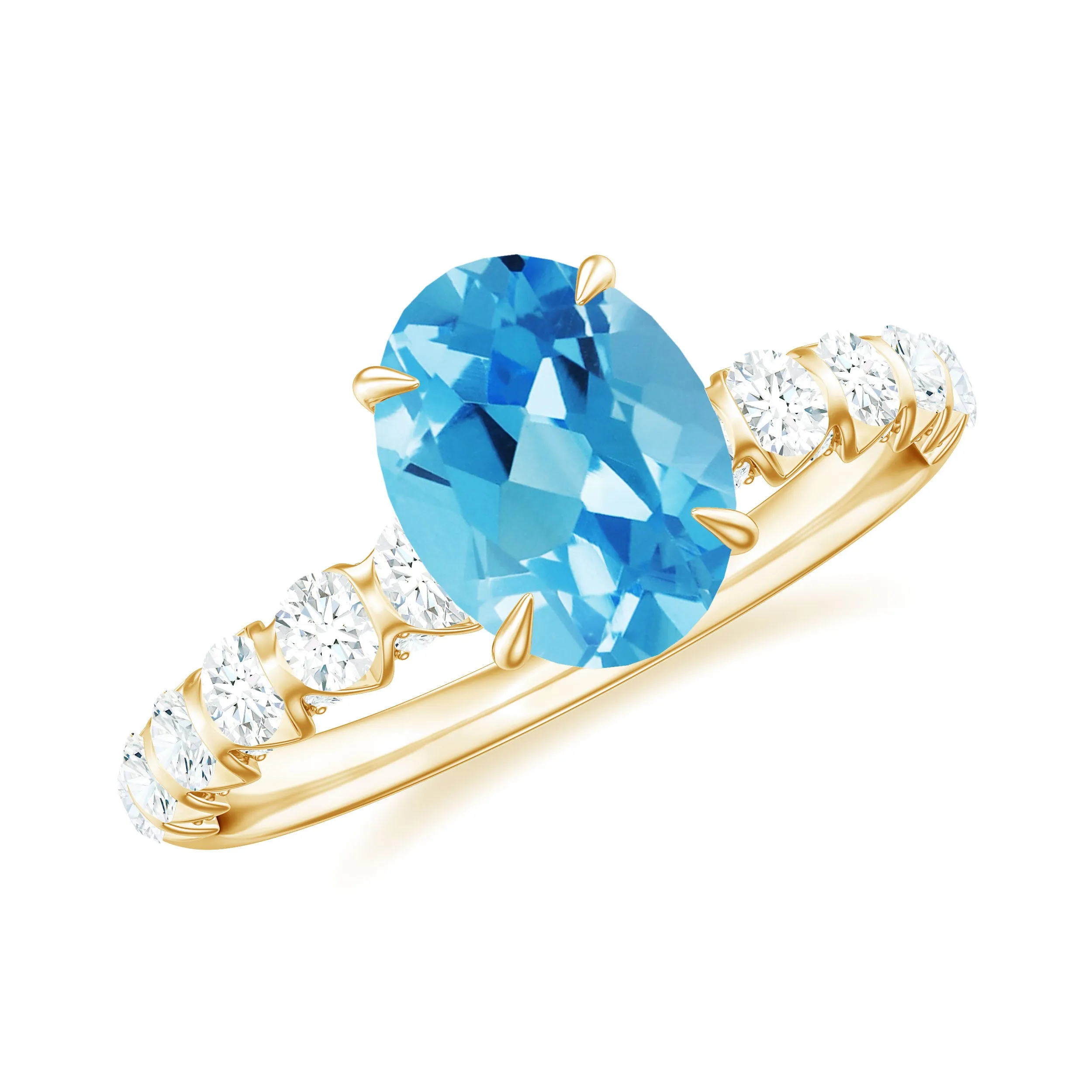 8X6 Oval Cut Swiss Blue Topaz Solitaire with Diamond Side Stone Ring