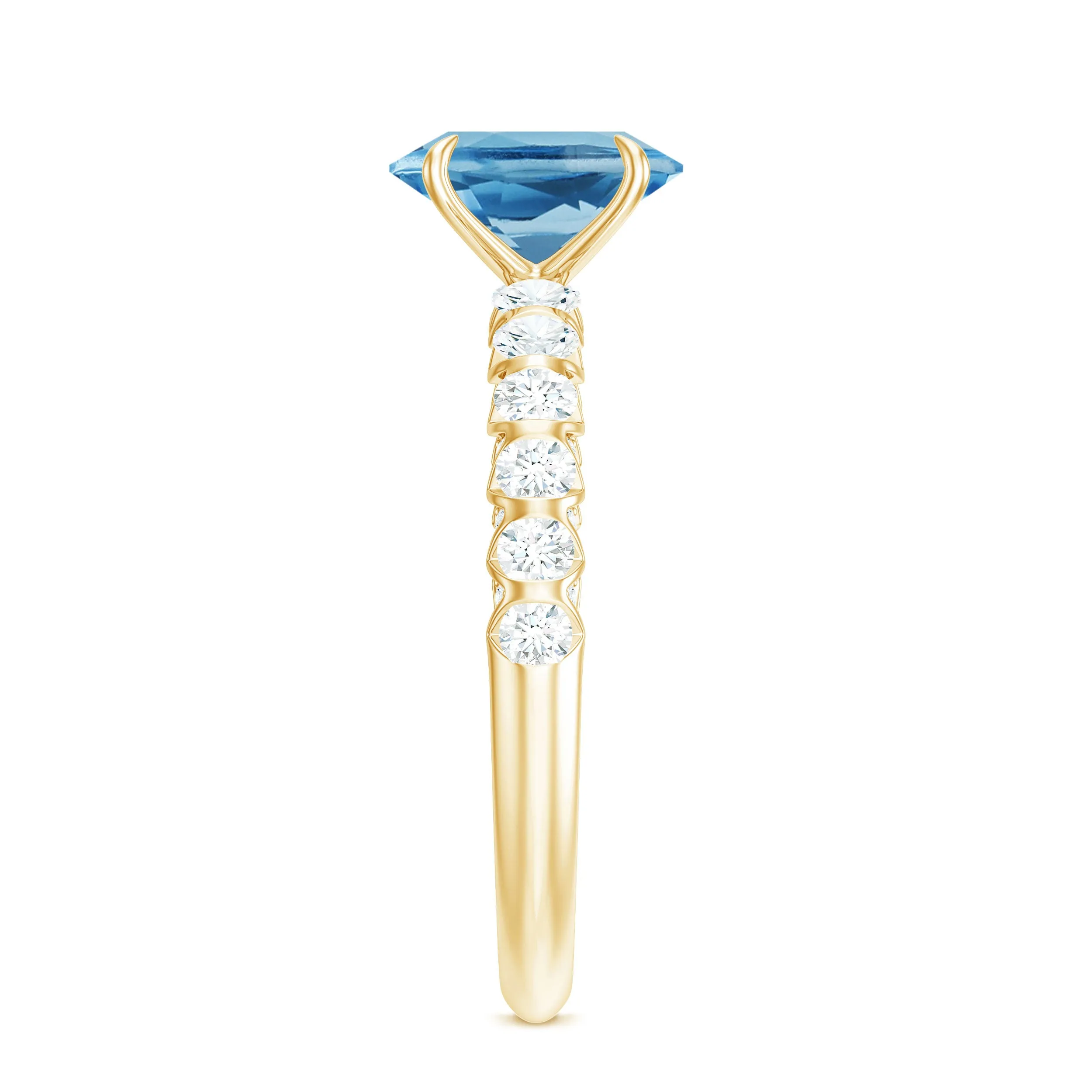 8X6 Oval Cut Swiss Blue Topaz Solitaire with Diamond Side Stone Ring