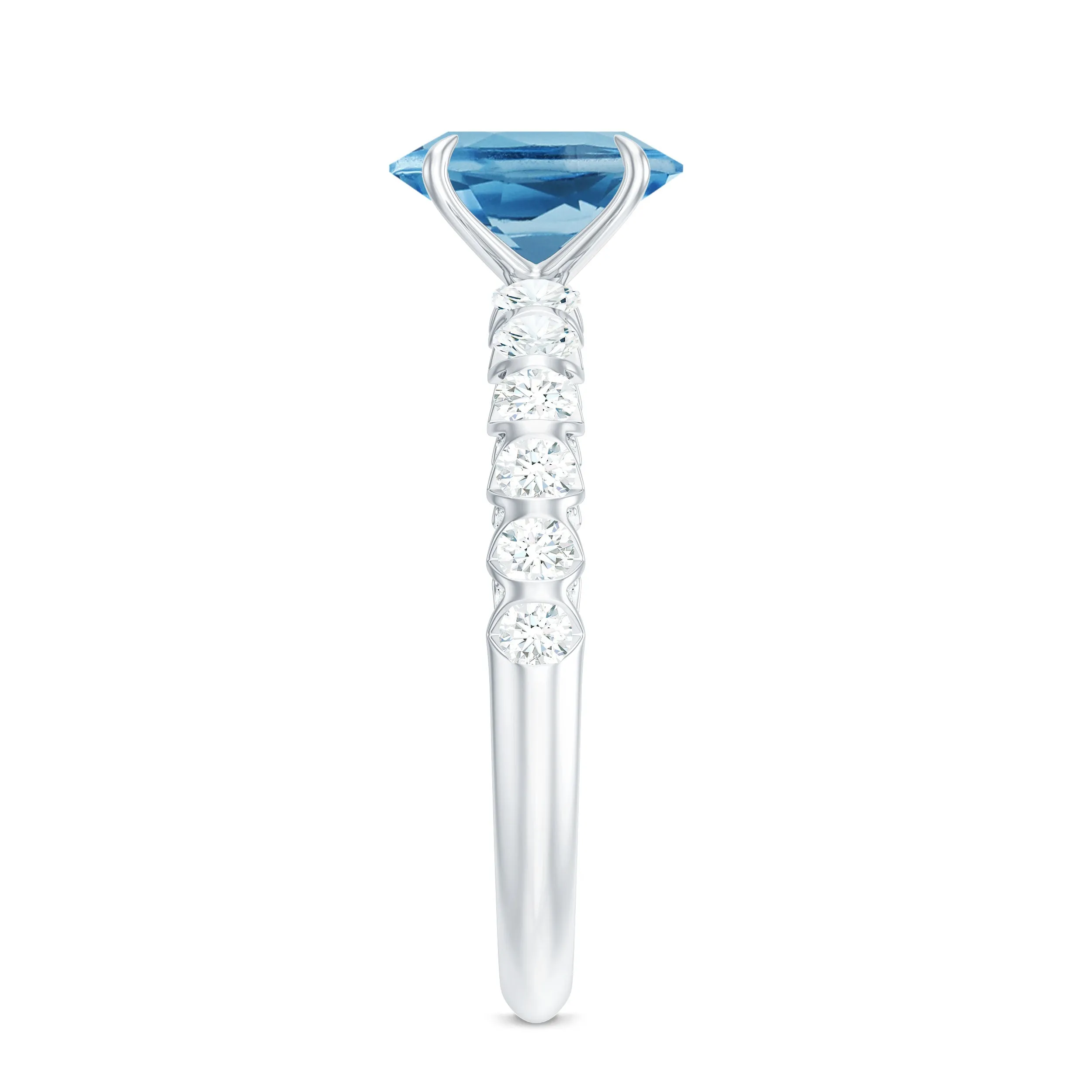 8X6 Oval Cut Swiss Blue Topaz Solitaire with Diamond Side Stone Ring