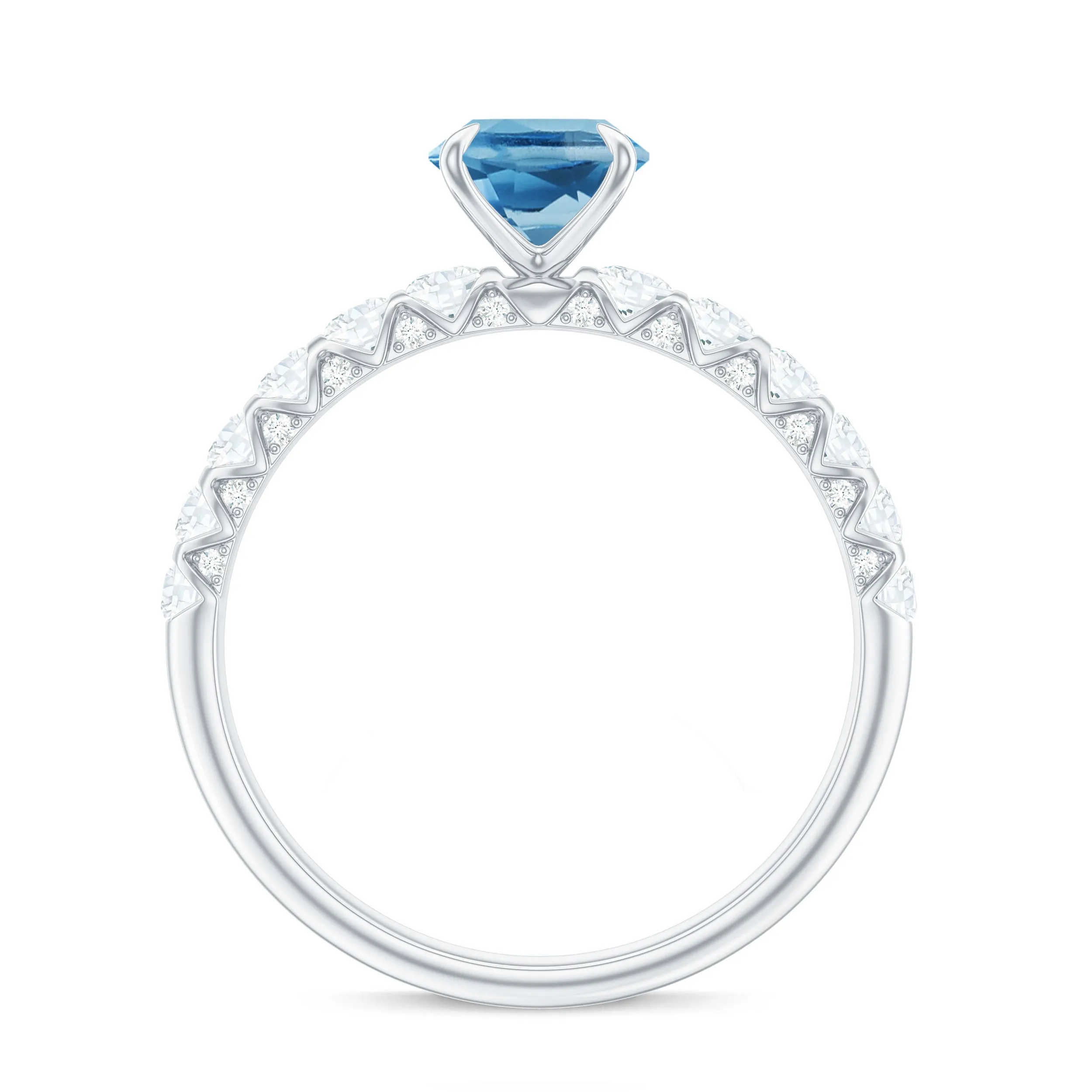 8X6 Oval Cut Swiss Blue Topaz Solitaire with Diamond Side Stone Ring