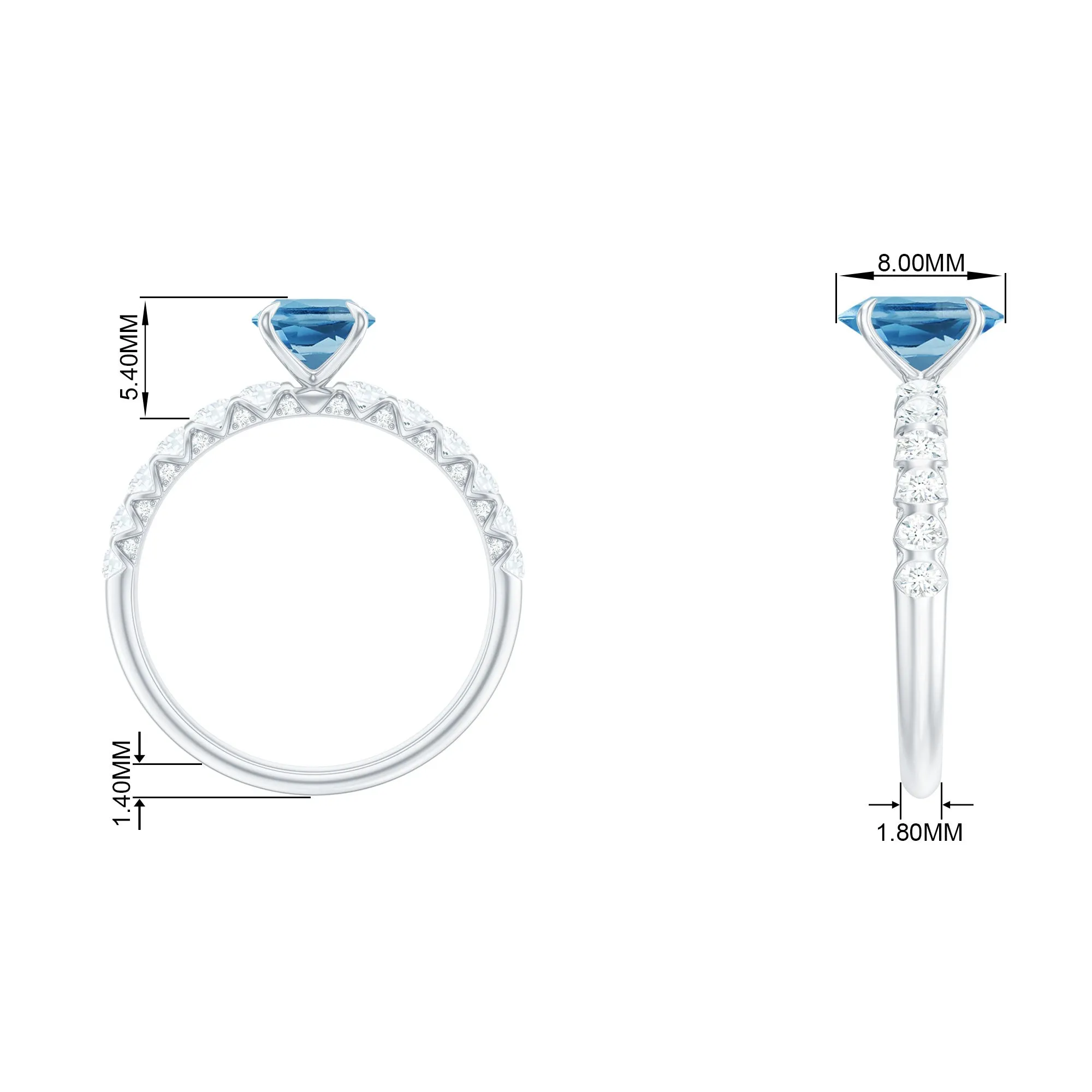 8X6 Oval Cut Swiss Blue Topaz Solitaire with Diamond Side Stone Ring