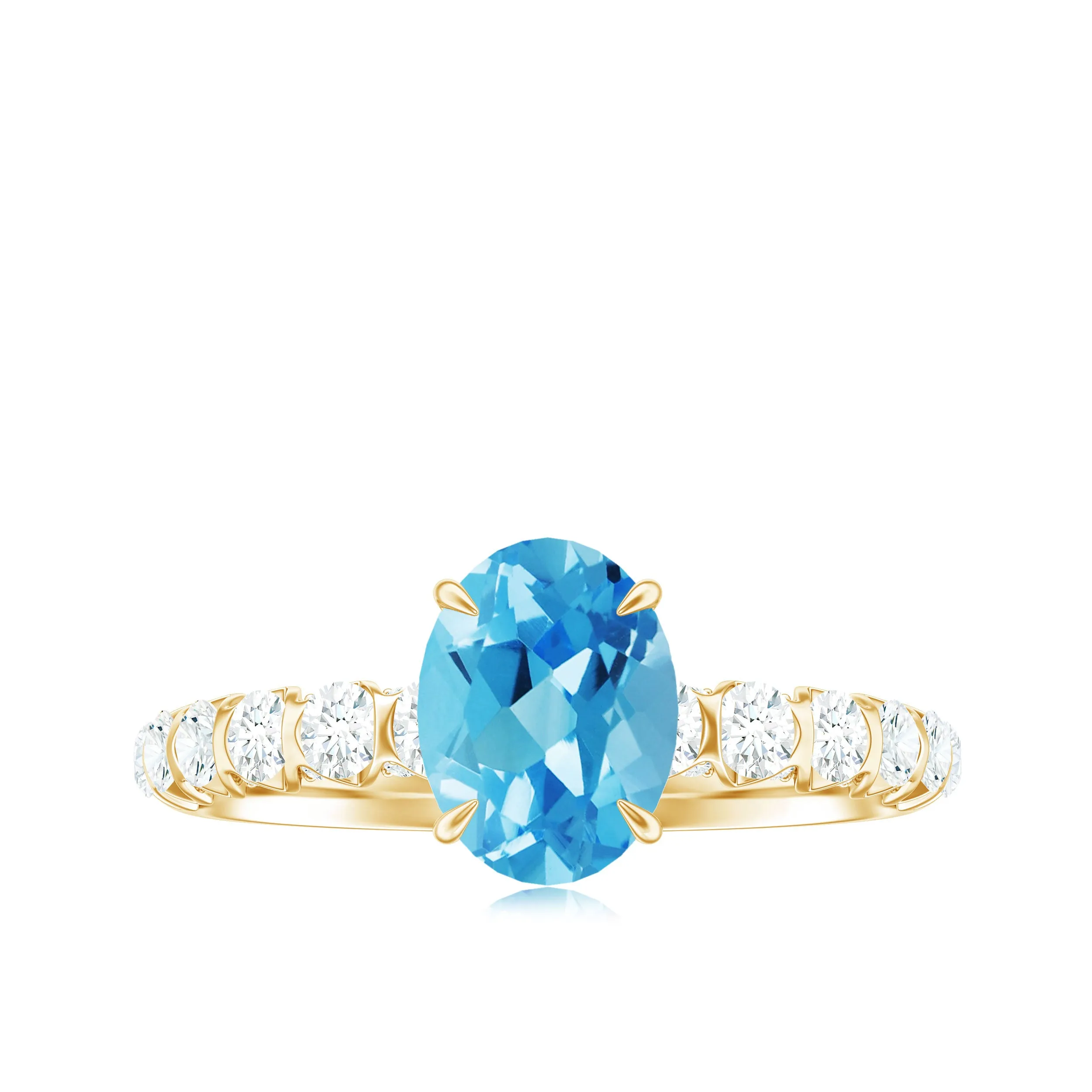 8X6 Oval Cut Swiss Blue Topaz Solitaire with Diamond Side Stone Ring