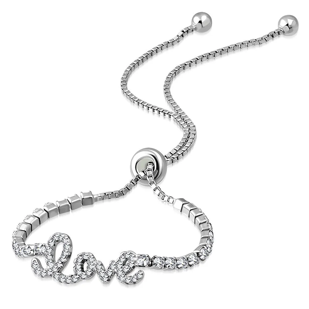 925 Sterling Silver Clear CZ Love Heart Adjustable Chain Bracelet