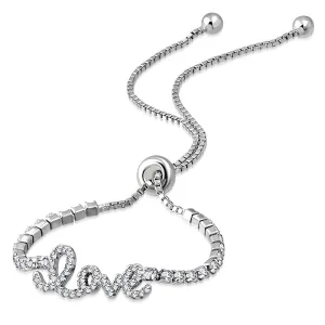 925 Sterling Silver Clear CZ Love Heart Adjustable Chain Bracelet