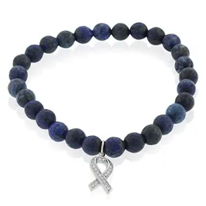925 Sterling Silver CZ Breast Cancer Awareness Ribbon Blue Stretch Beaded Bracelet