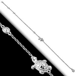 925 Sterling Silver CZ Turtle Womens Link Chain Anklet