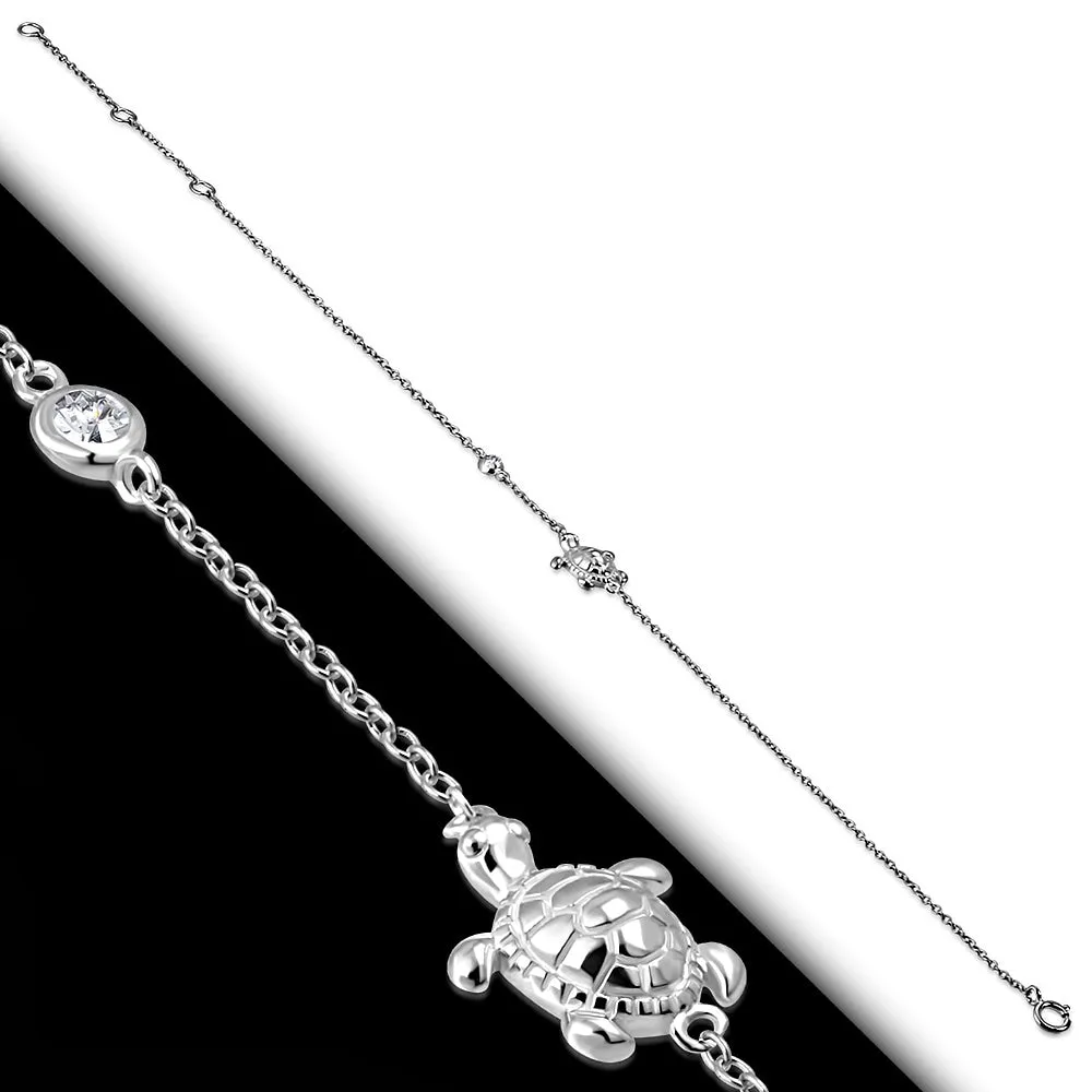 925 Sterling Silver CZ Turtle Womens Link Chain Anklet