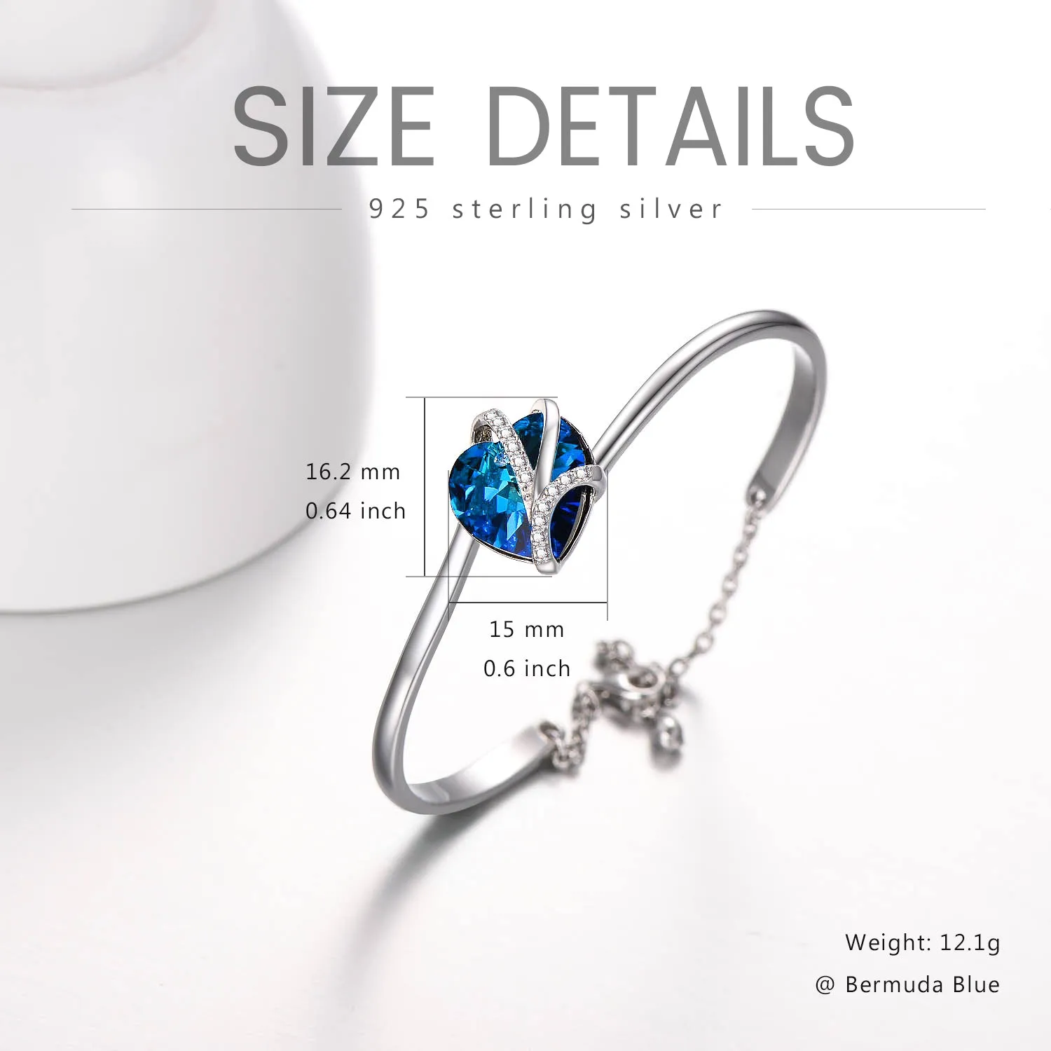 925 Sterling Silver Love Heart Bangle Bracelet  with Blue Crystals, I Love You Bracelet