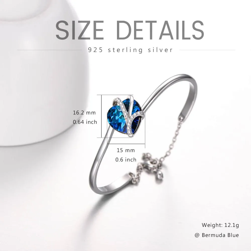 925 Sterling Silver Love Heart Bangle Bracelet  with Blue Crystals, I Love You Bracelet