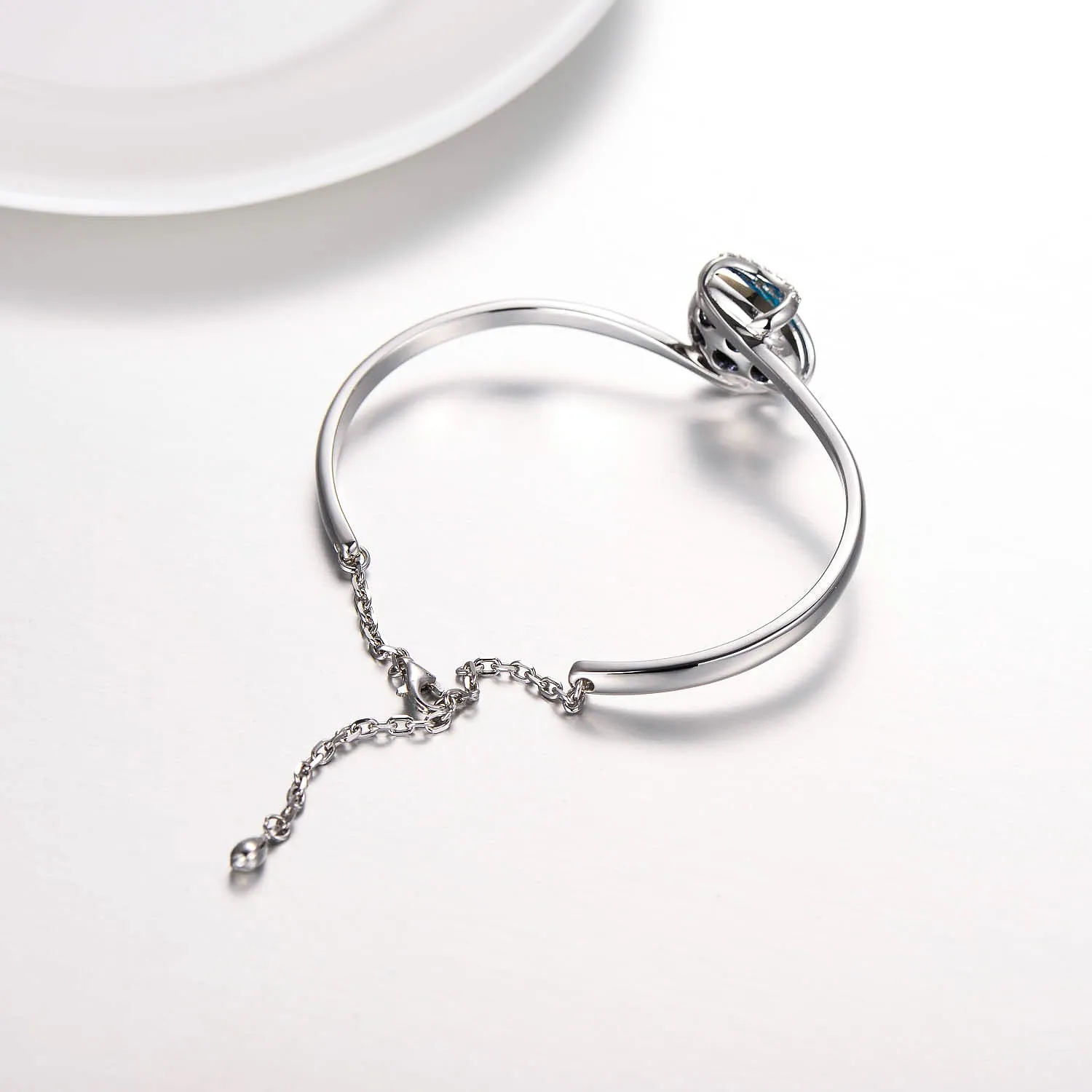 925 Sterling Silver Love Heart Bangle Bracelet  with Blue Crystals, I Love You Bracelet