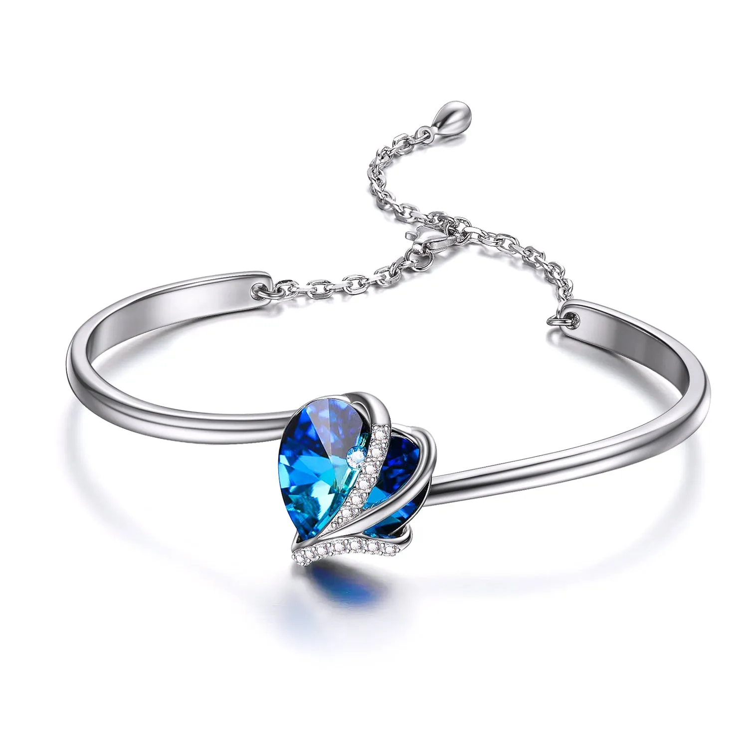 925 Sterling Silver Love Heart Bangle Bracelet  with Blue Crystals, I Love You Bracelet