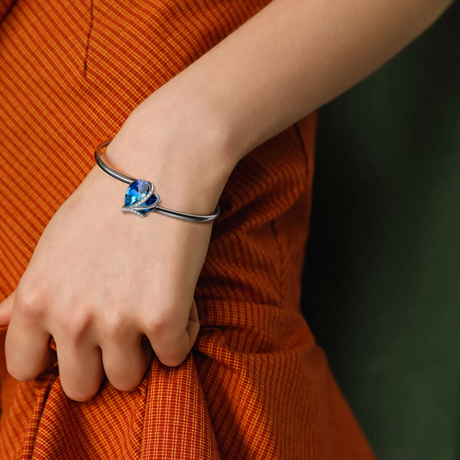 925 Sterling Silver Love Heart Bangle Bracelet  with Blue Crystals, I Love You Bracelet
