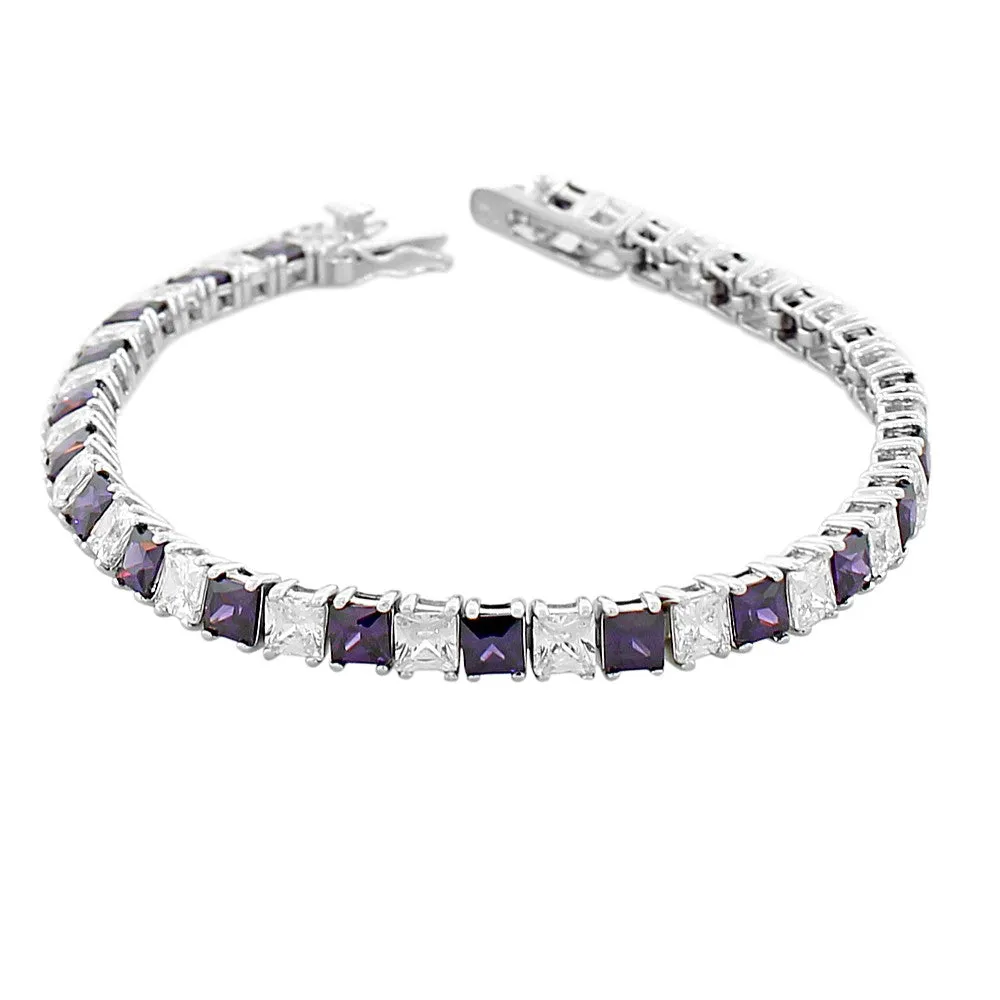 925 Sterling Silver Princess Cut White Light Brown CZ Classic Tennis Bracelet