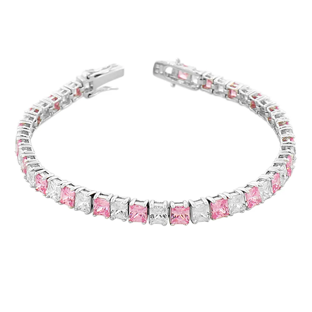 925 Sterling Silver Princess Cut White Light Brown CZ Classic Tennis Bracelet