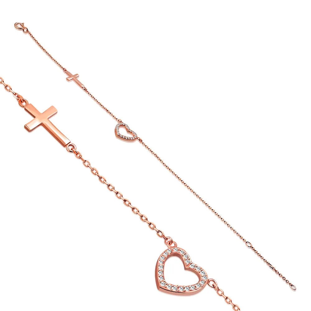 925 Sterling Silver Rose Gold-Tone Love Heart Cross Charm White CZ Link Chain Bracelet