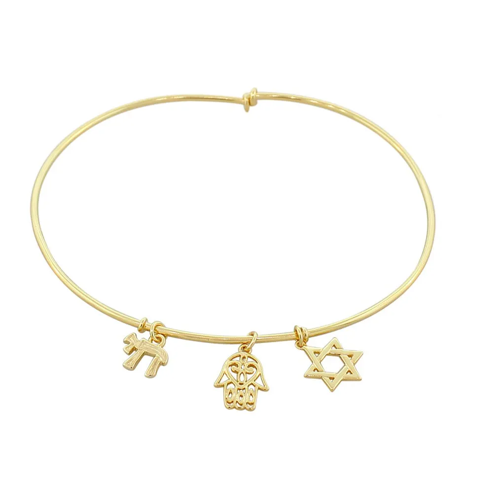925 Sterling Silver Yellow Gold-Tone Chai Hamsa Star of David Bangle Bracelet