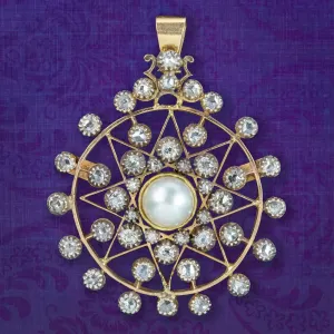 Antique Victorian Diamond Pearl Star Pendant 1.5ct Of Diamond