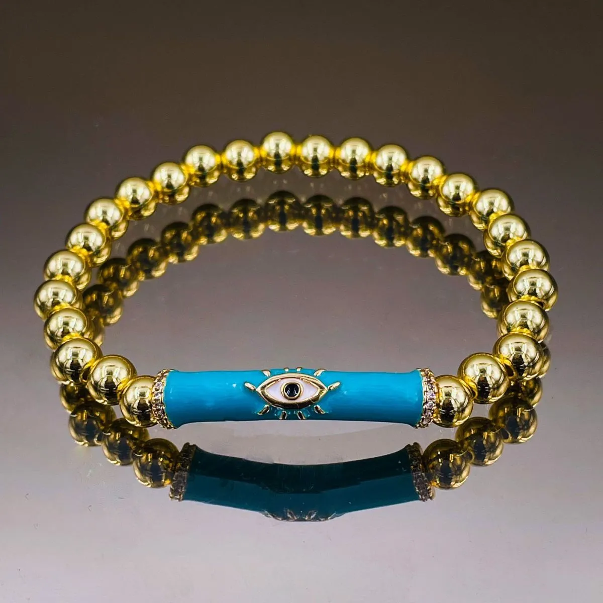 Aqua Green Blue Evil Eye Enamel 18K Gold Beads Stretchable Bracelet for Women