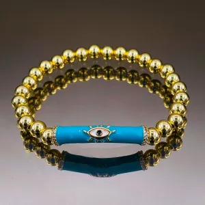 Aqua Green Blue Evil Eye Enamel 18K Gold Beads Stretchable Bracelet for Women