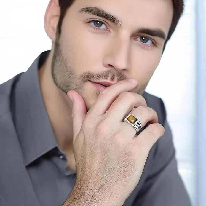 Arrow Pattern Sterling Silver Ring for Men Tiger Eye Stone