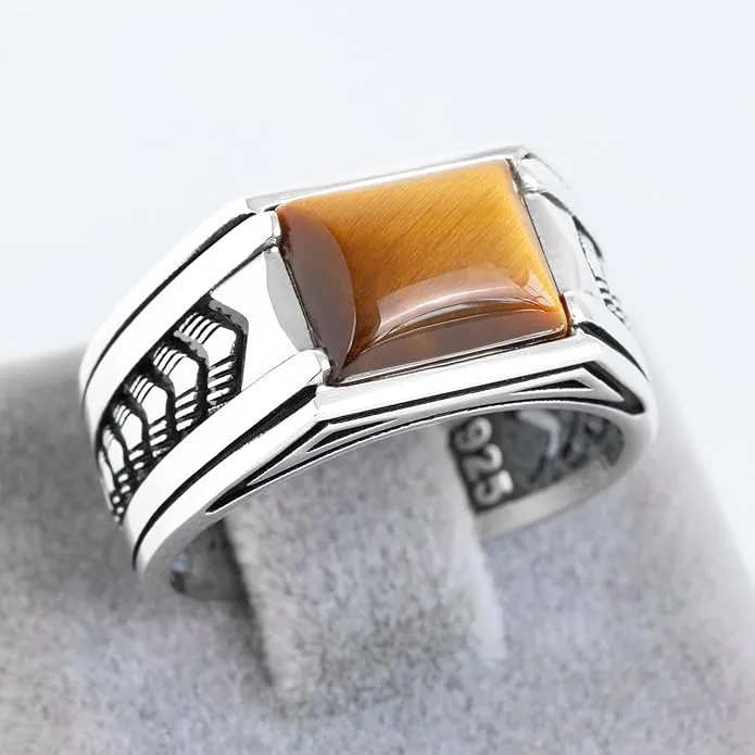 Arrow Pattern Sterling Silver Ring for Men Tiger Eye Stone