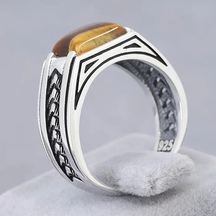 Arrow Pattern Sterling Silver Ring for Men Tiger Eye Stone